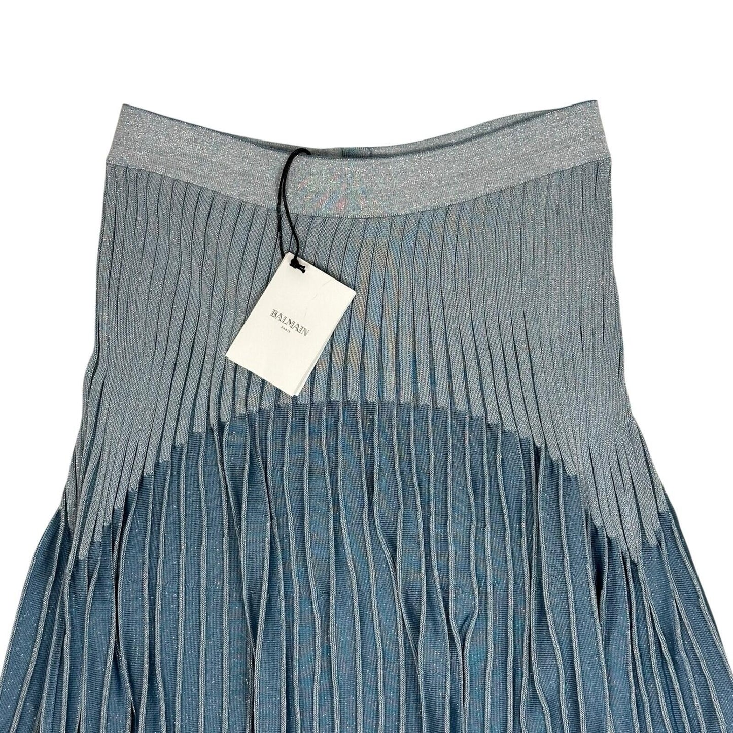 NWT Balmain Ribbed Knit Skirt FW19 Women’s FR44 30w Blue Made In France