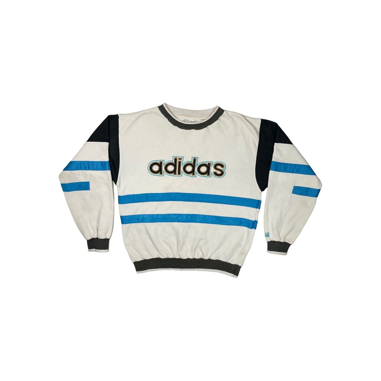 Vintage Adidas Crew Neck Jumper Men's Medium White And Blue 80’s Made In Korea