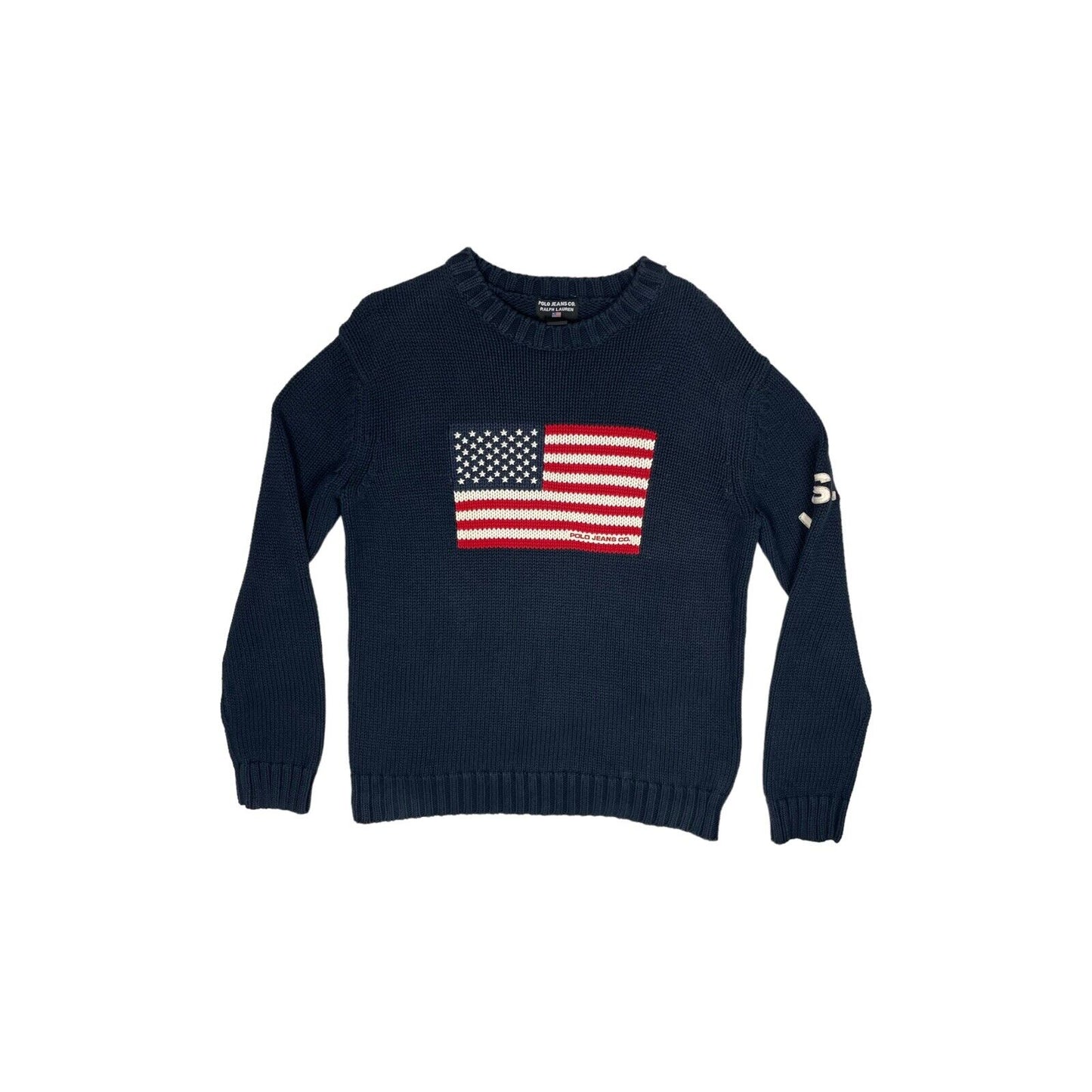 Vintage Polo Ralph Lauren Knit Flag Jumper Navy Blue Mens Medium Rare Variant