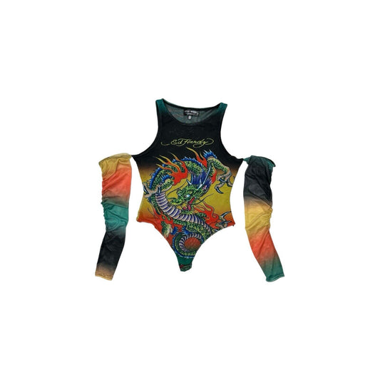 Ed Hardy x Missguided Mesh Bodysuit Multicoloured Dragon Design Womens UK10