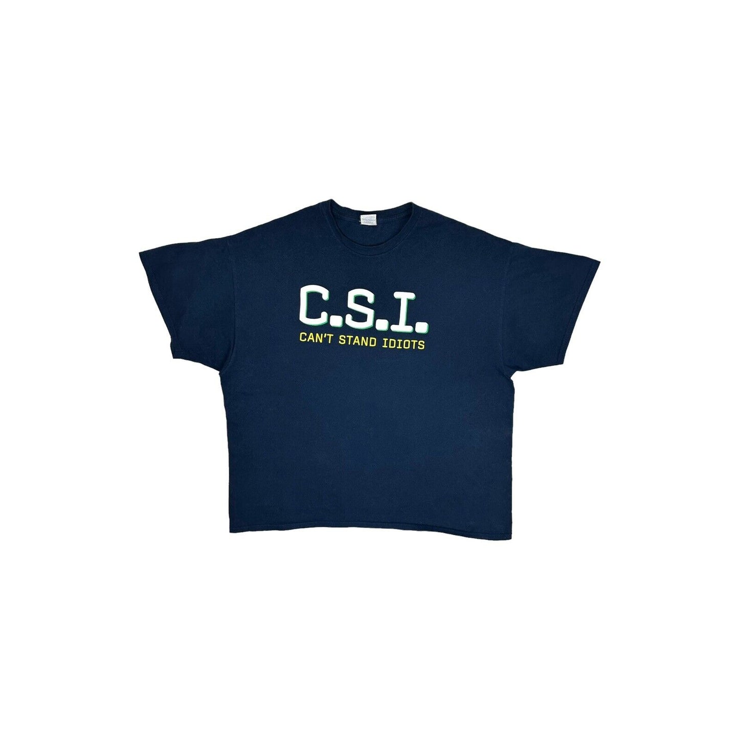 Vintage CSI Spoof Slogan T-Shirt Can’t Stand Idiots Mens XXL Navy Blue Gildan