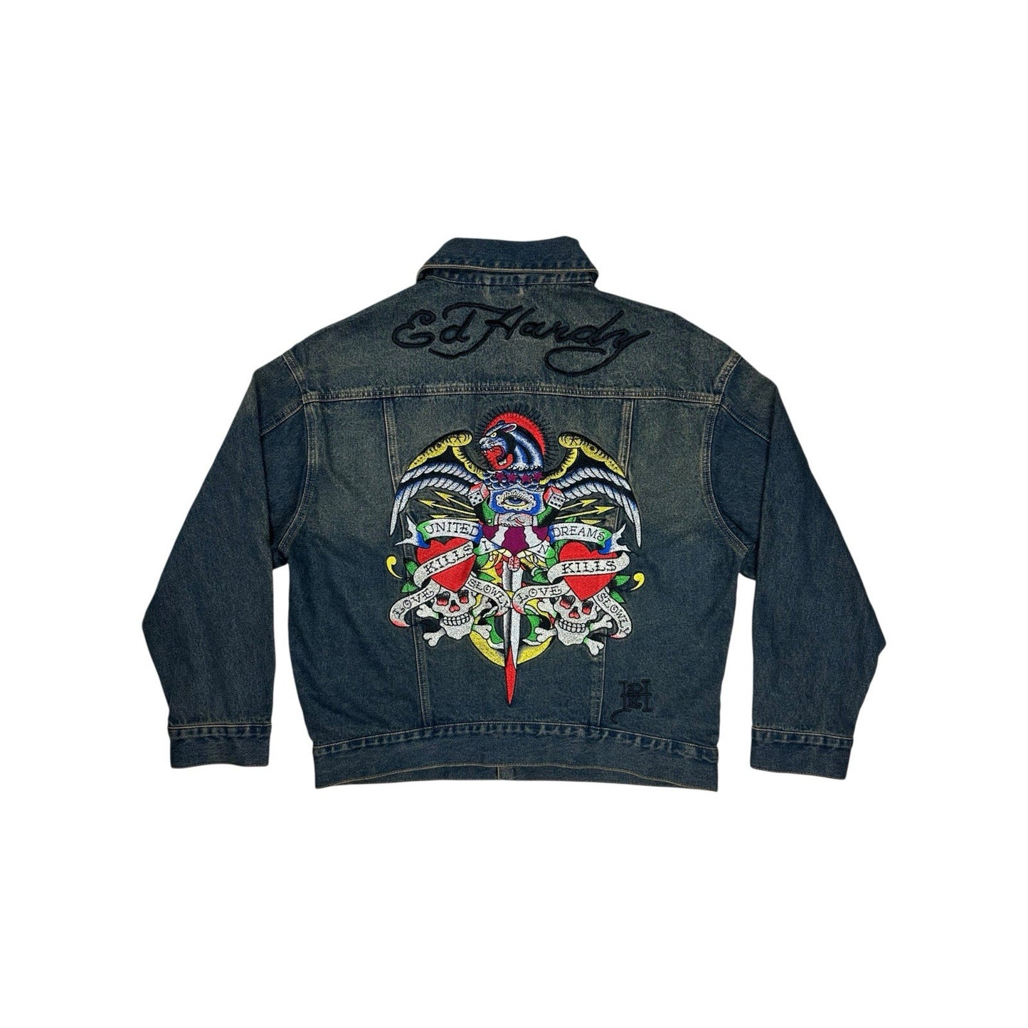 NWT Ed hardy Denim Jacket Men’s Medium Embroidered United Dreams Oversized Blue