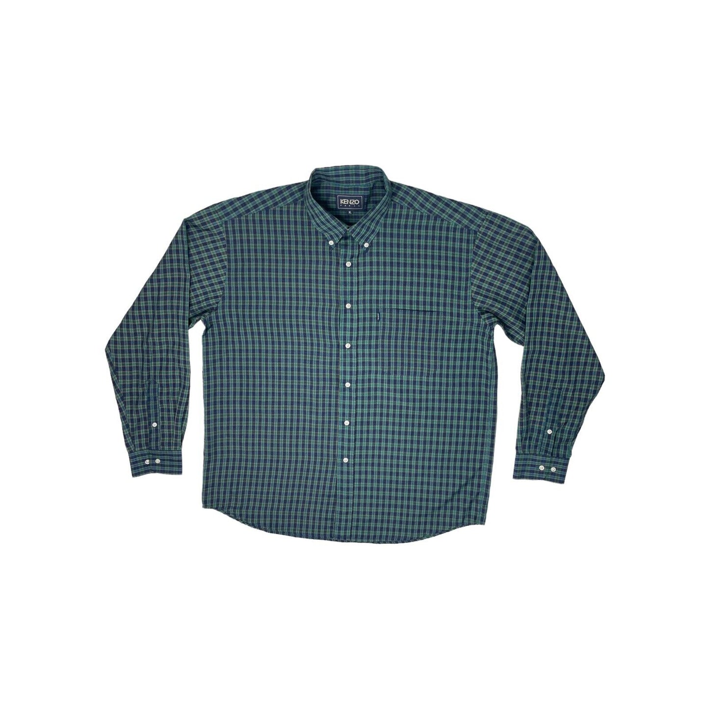 Kenzo Long Sleeve Check Shirt Mens XL Green And Navy