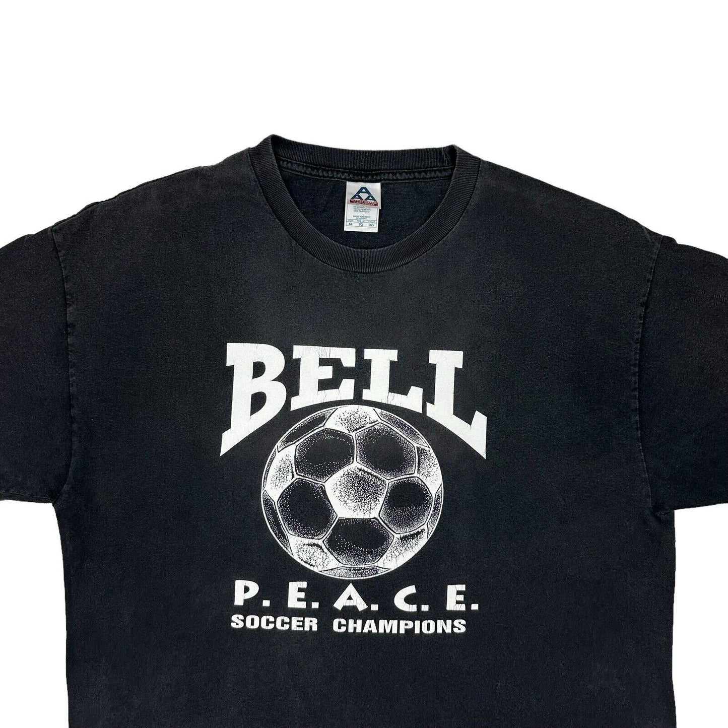 Vintage Soccer T-Shirt Bell Peace Mens XL Black Football Graphic Print Alstyle