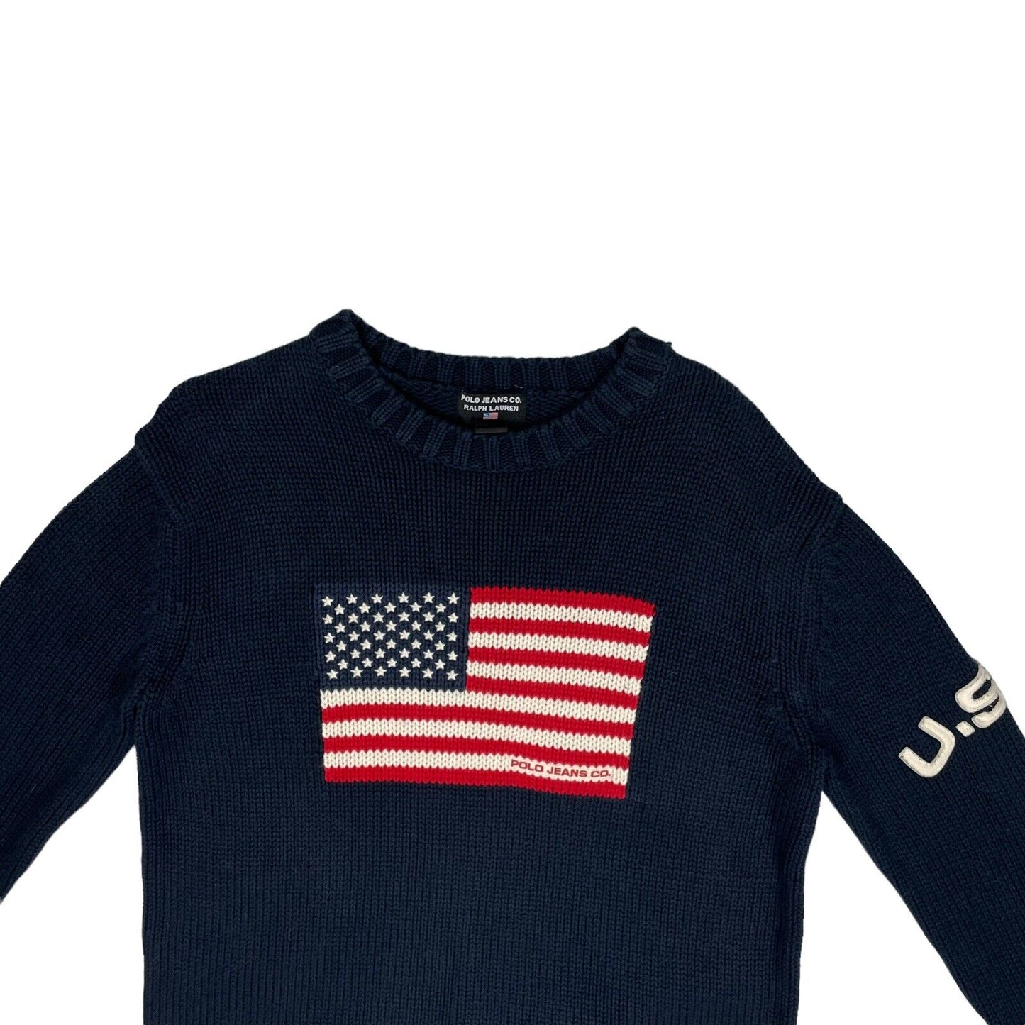 Vintage Polo Ralph Lauren Knit Flag Jumper Navy Blue Mens Medium Rare Variant