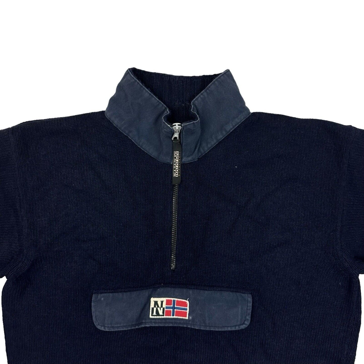 Vintage Napapijri Quarter Zip Wool Jumper Men's Large Navy Blue Made In Italy