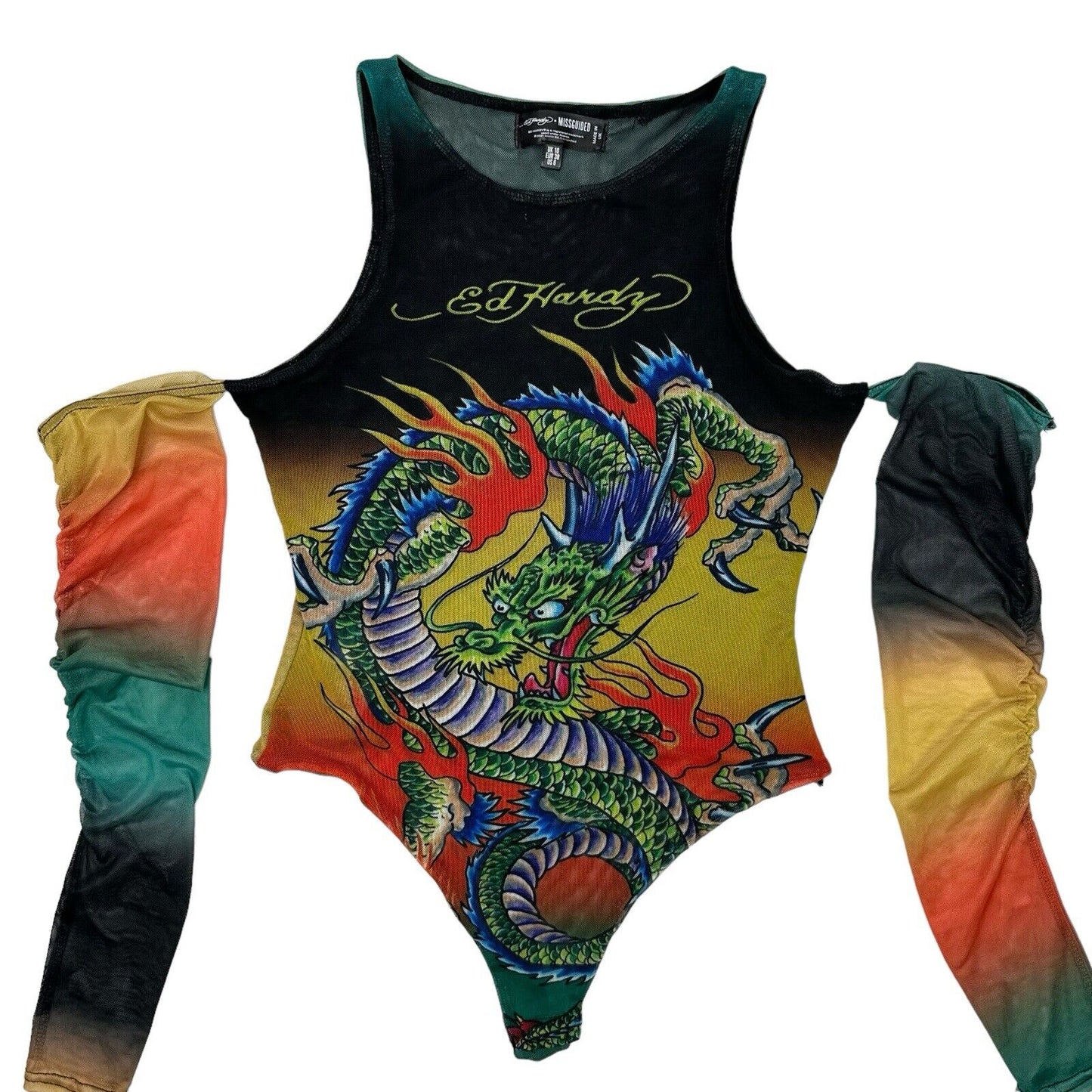 Ed Hardy x Missguided Mesh Bodysuit Multicoloured Dragon Design Womens UK10