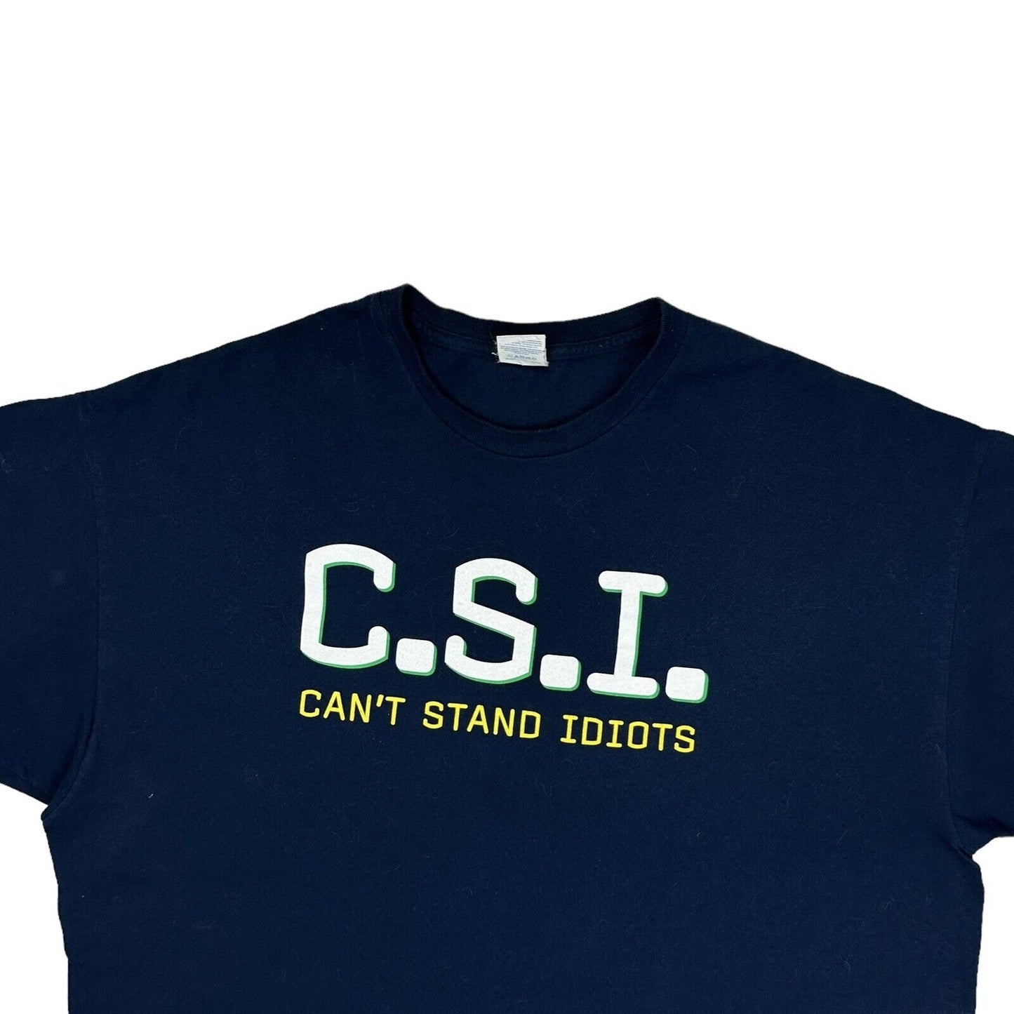 Vintage CSI Spoof Slogan T-Shirt Can’t Stand Idiots Mens XXL Navy Blue Gildan