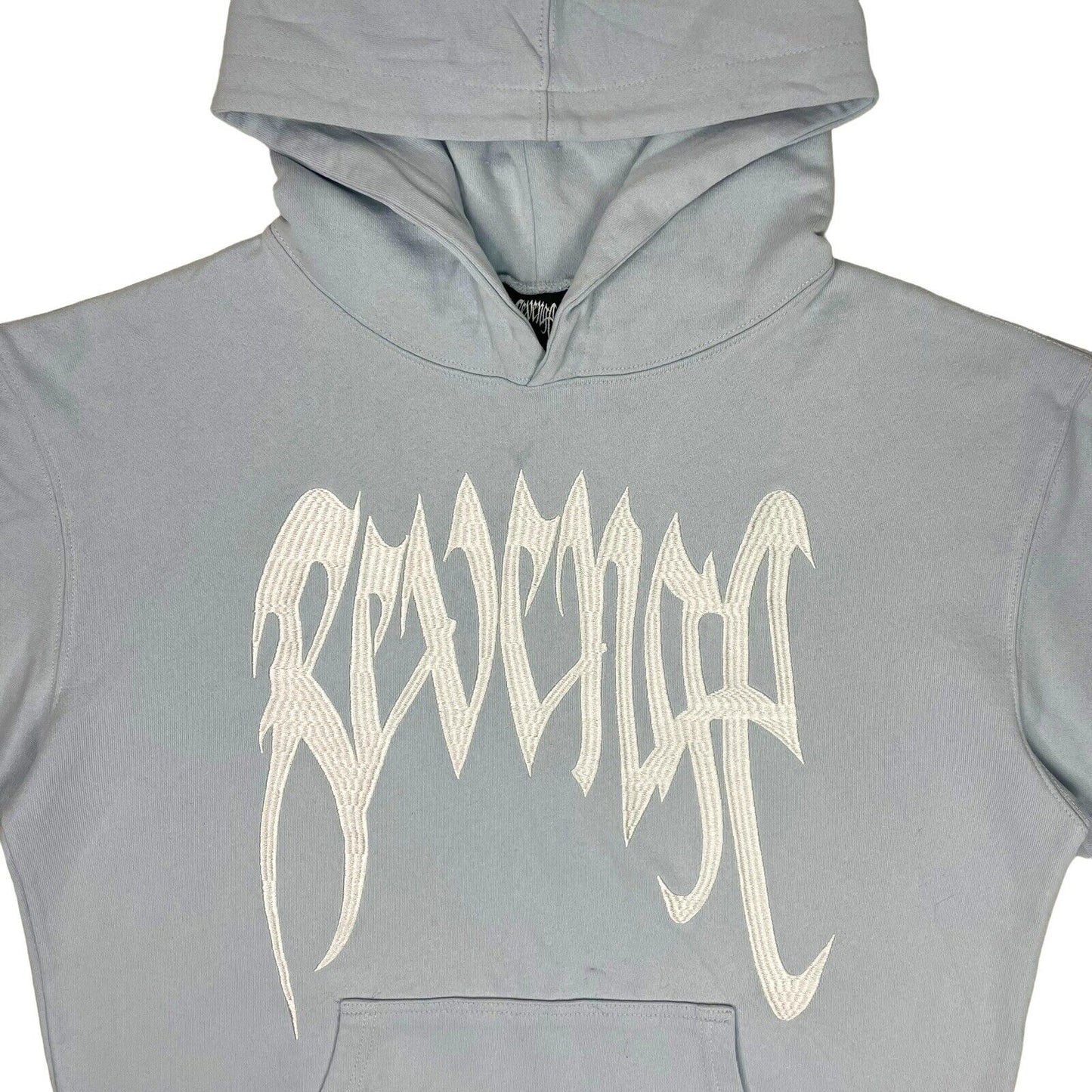 Revenge Logo Hoodie Embroidered Mens Large Baby Blue Made In USA