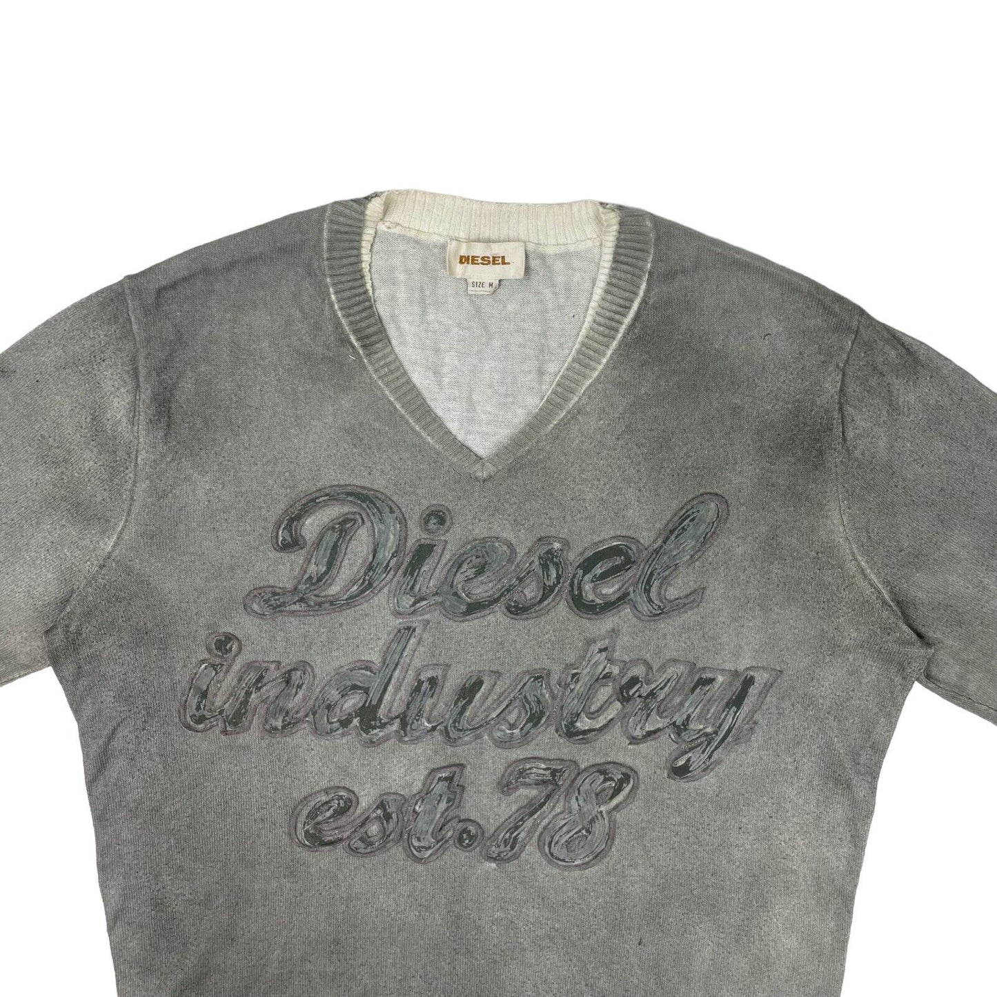 00’s Diesel Script Logo V-Neck Jumper Grey Mens Medium Brushed Cotton