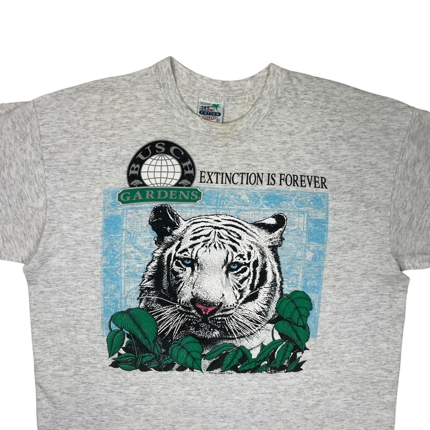 Vintage Busch Gardens T-Shirt Tiger Print Mens XL Grey Single Stitch Made In USA