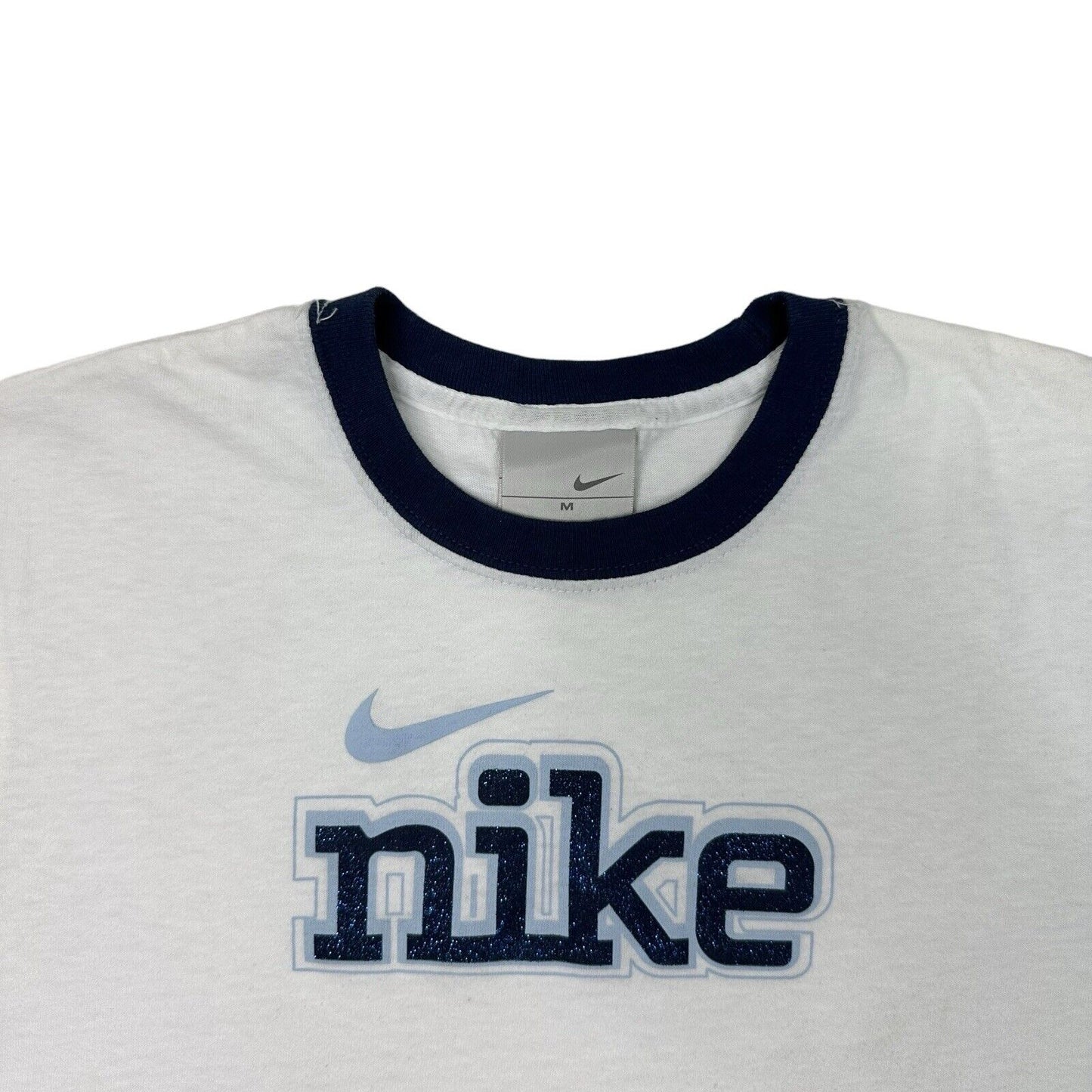 Vintage Nike Logo T-Shirt Womens Medium White Glitter Print 90’s Sportswear