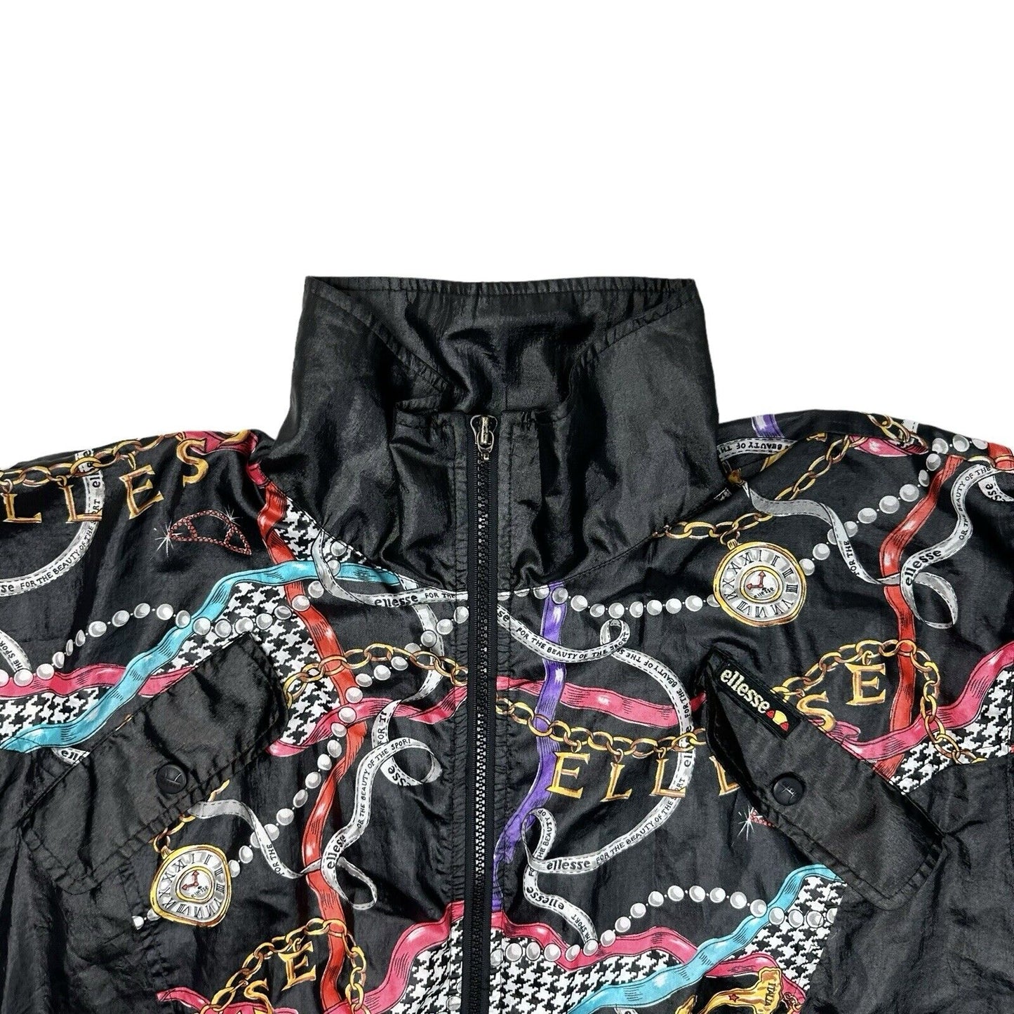 Vintage Ellesse Jacket Small Chain Print Black Multi Print