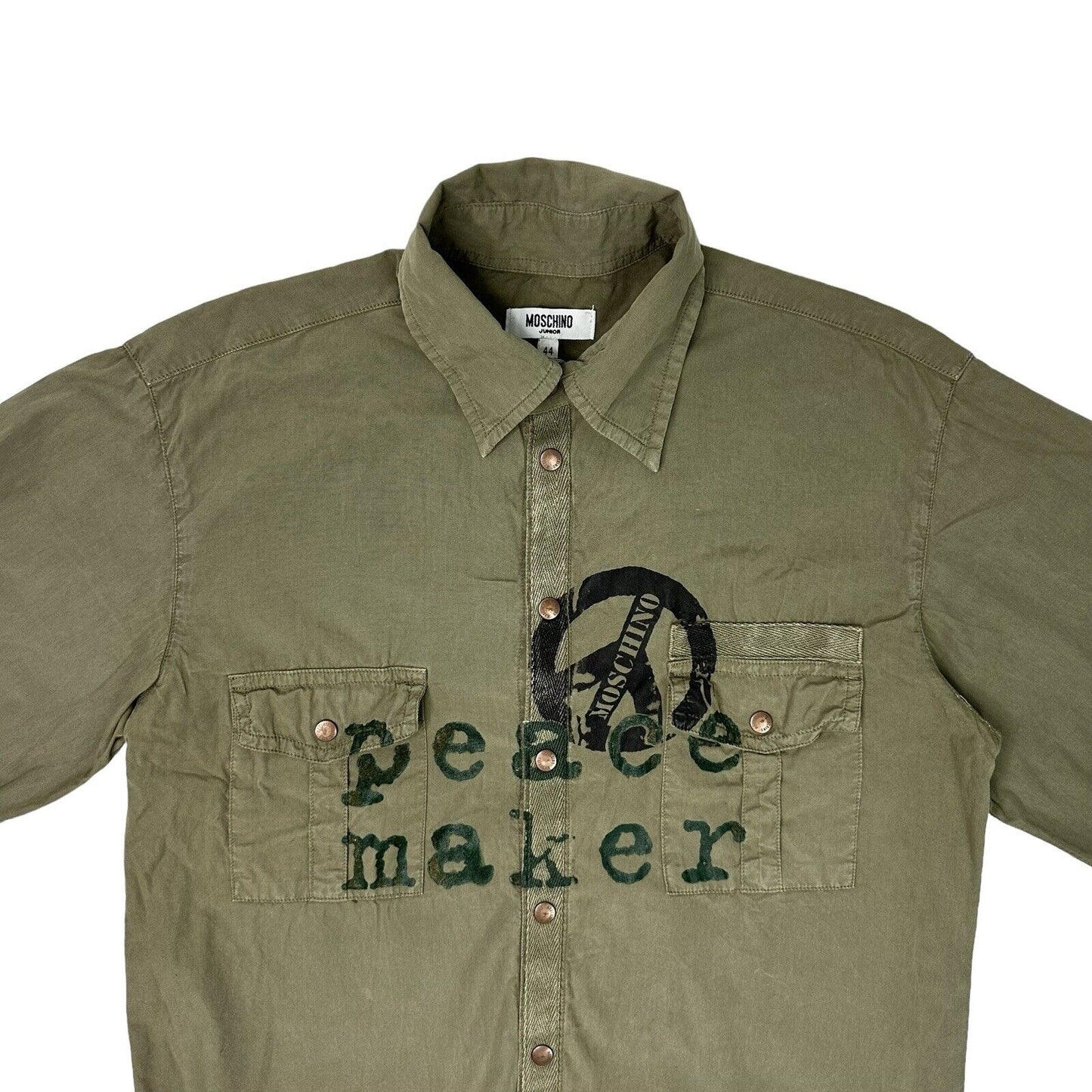 Vintage Moschino Military Shirt Mens Small Green Peace Maker