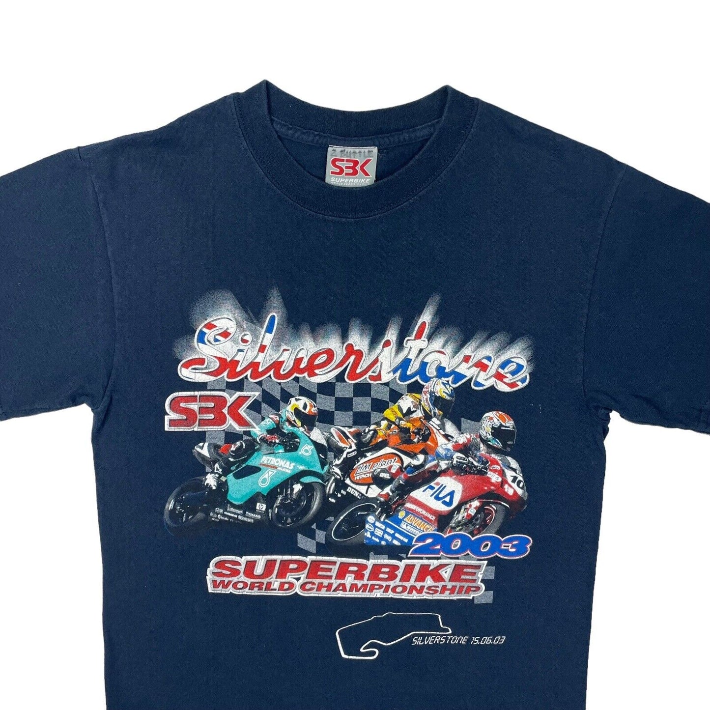 Vintage Silverstone Superbike Racing T-Shirt Mens Small Navy Blue Graphic Print