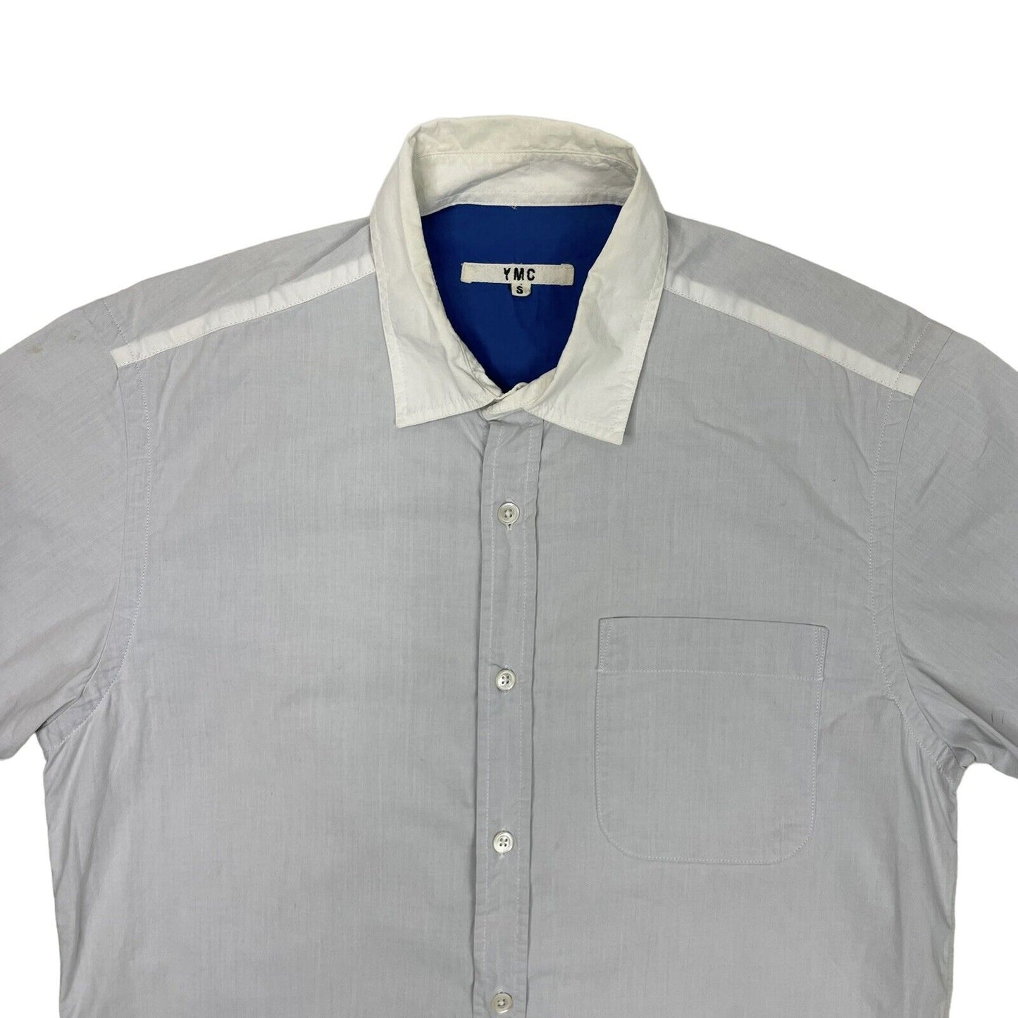 YMC Short Sleeve Shirt Mens Small White And Blue Button Up Made In Portugal