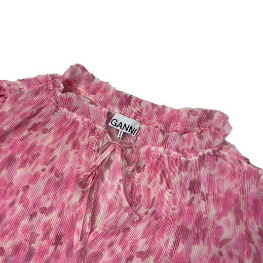 Ganni Pink Floral Top Pleated Georgette Women's Medium Pink Ruffled Long Sleeve