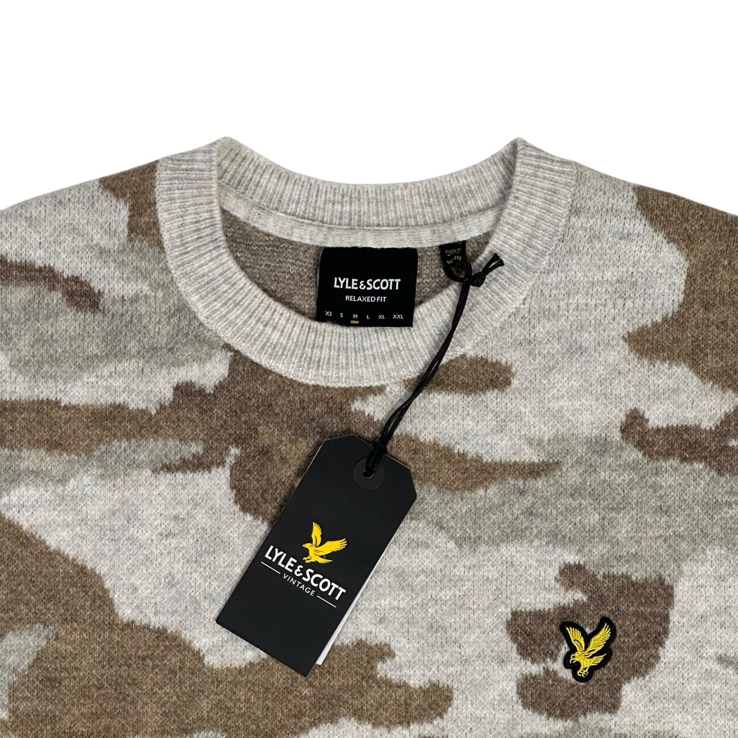 NWT Lyle & Scott Camo Jumper Men’s Medium Cream And Brown