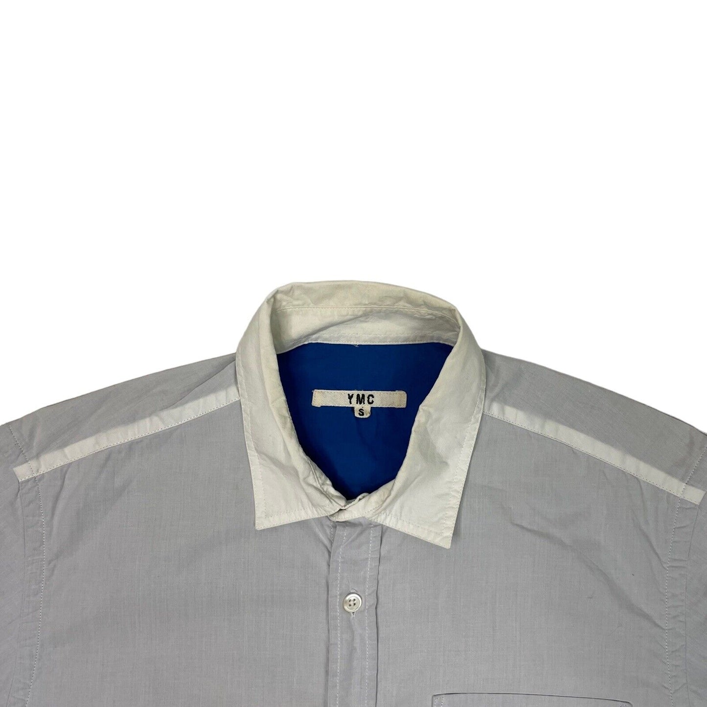 YMC Short Sleeve Shirt Mens Small White And Blue Button Up Made In Portugal