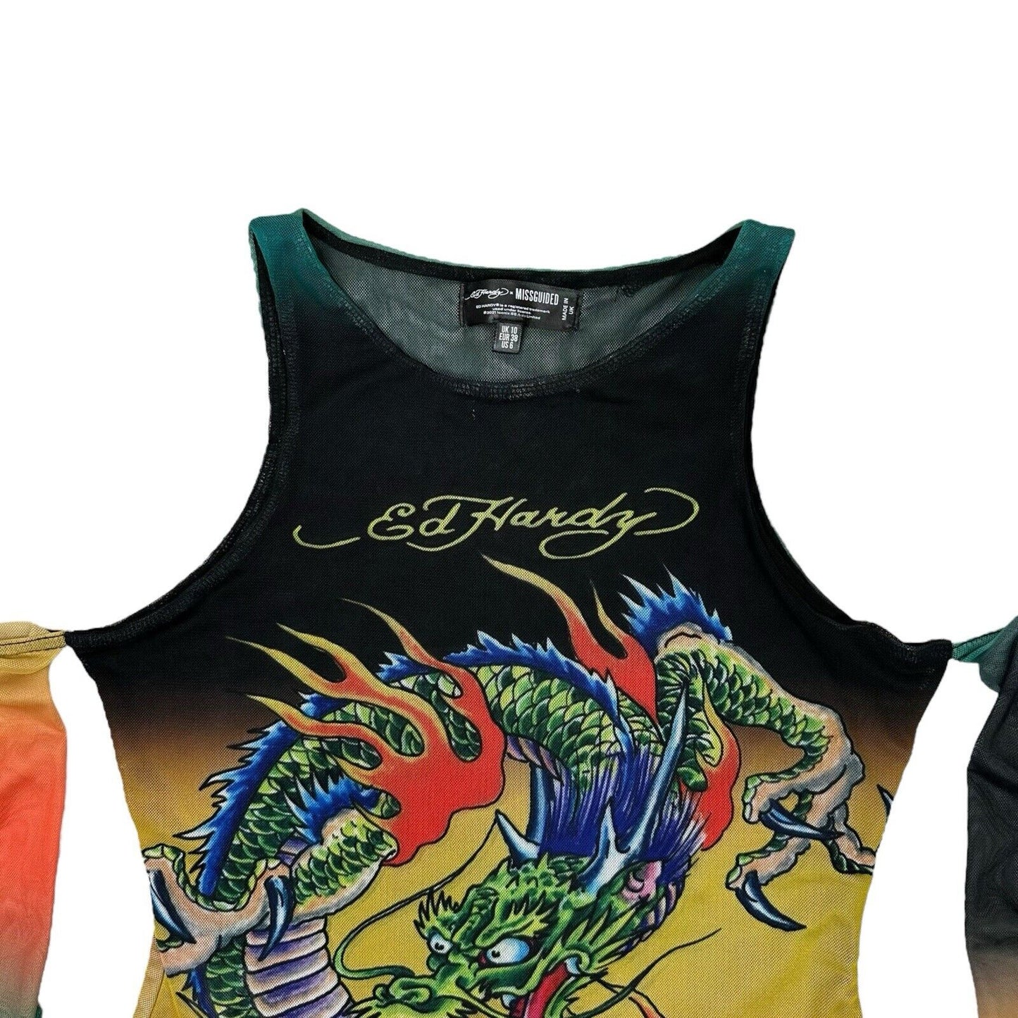 Ed Hardy x Missguided Mesh Bodysuit Multicoloured Dragon Design Womens UK10