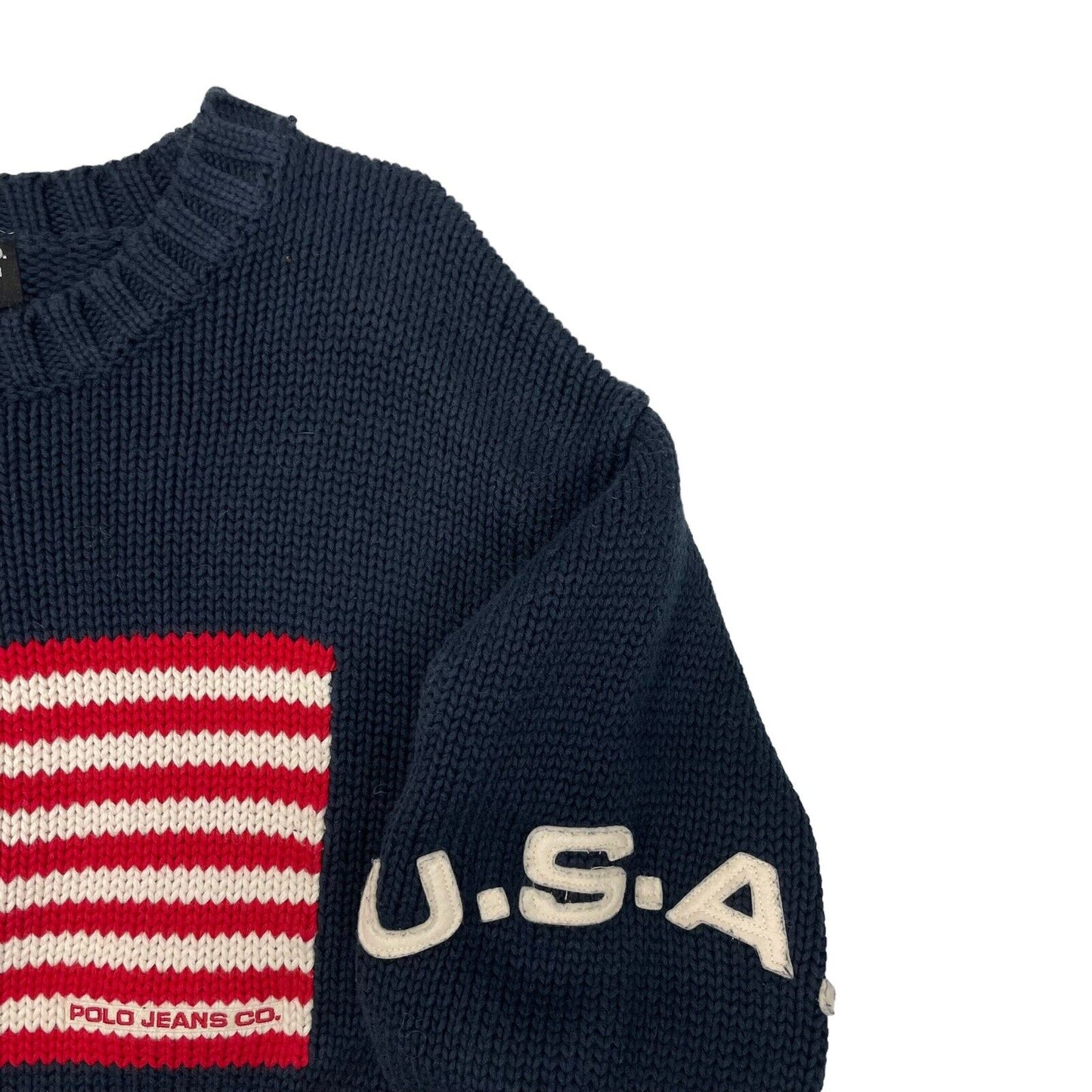 Vintage Polo Ralph Lauren Knit Flag Jumper Navy Blue Mens Medium Rare Variant