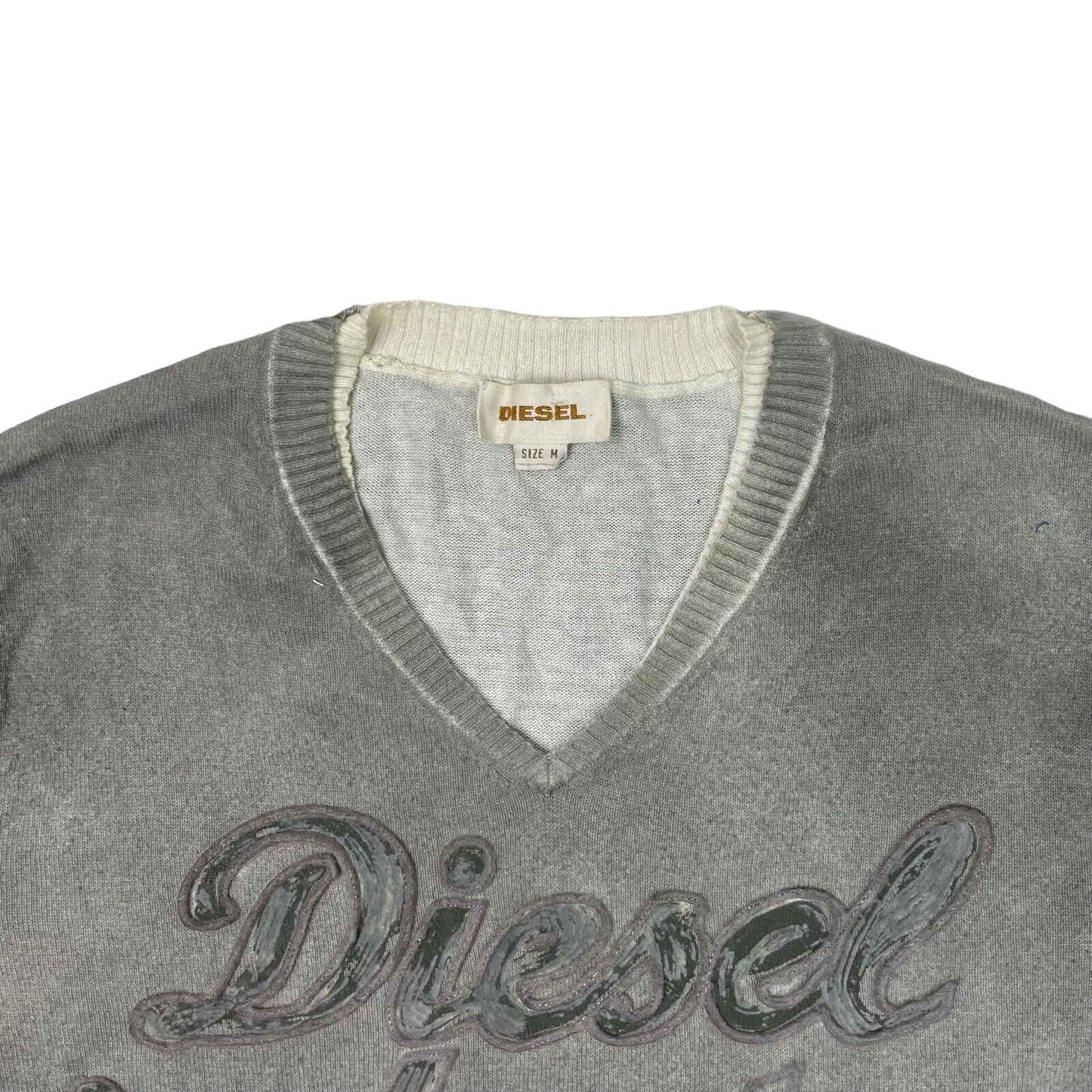 00’s Diesel Script Logo V-Neck Jumper Grey Mens Medium Brushed Cotton