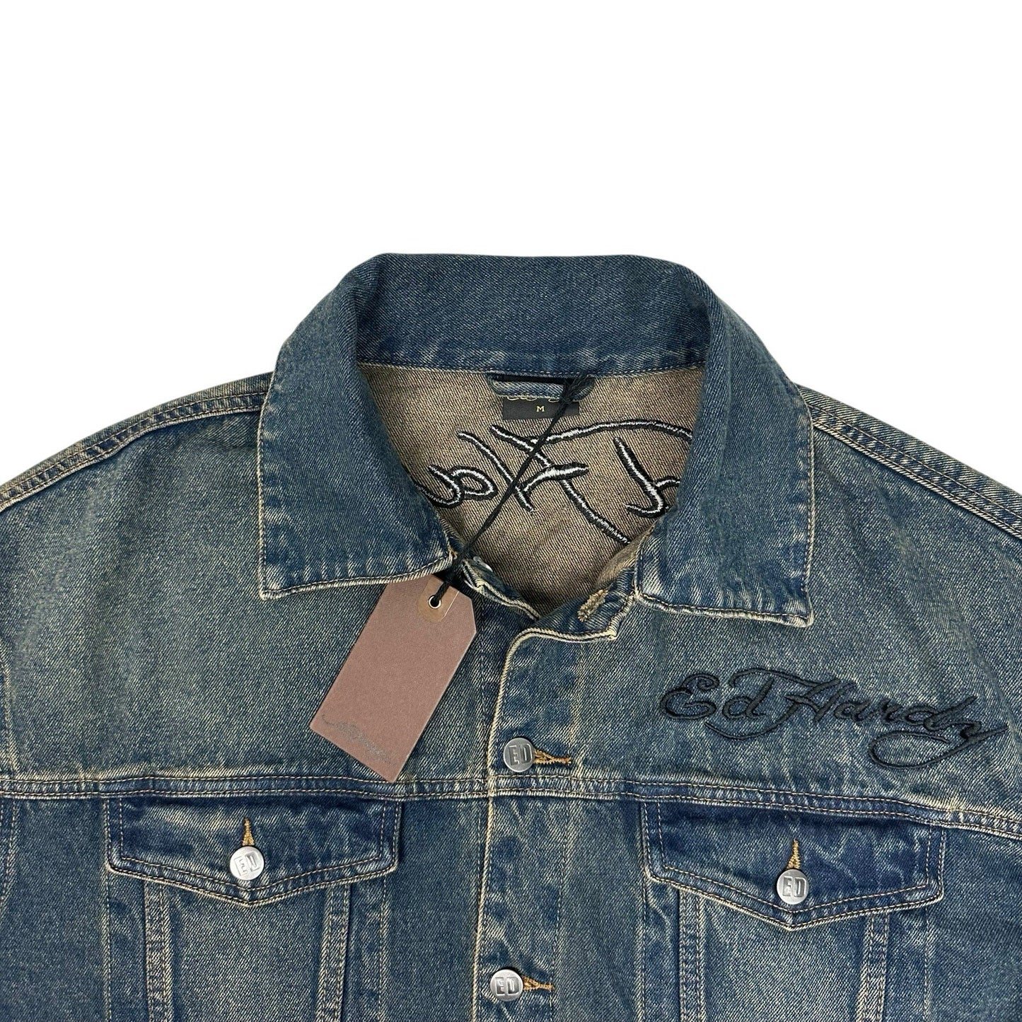 NWT Ed hardy Denim Jacket Men’s Medium Embroidered United Dreams Oversized Blue