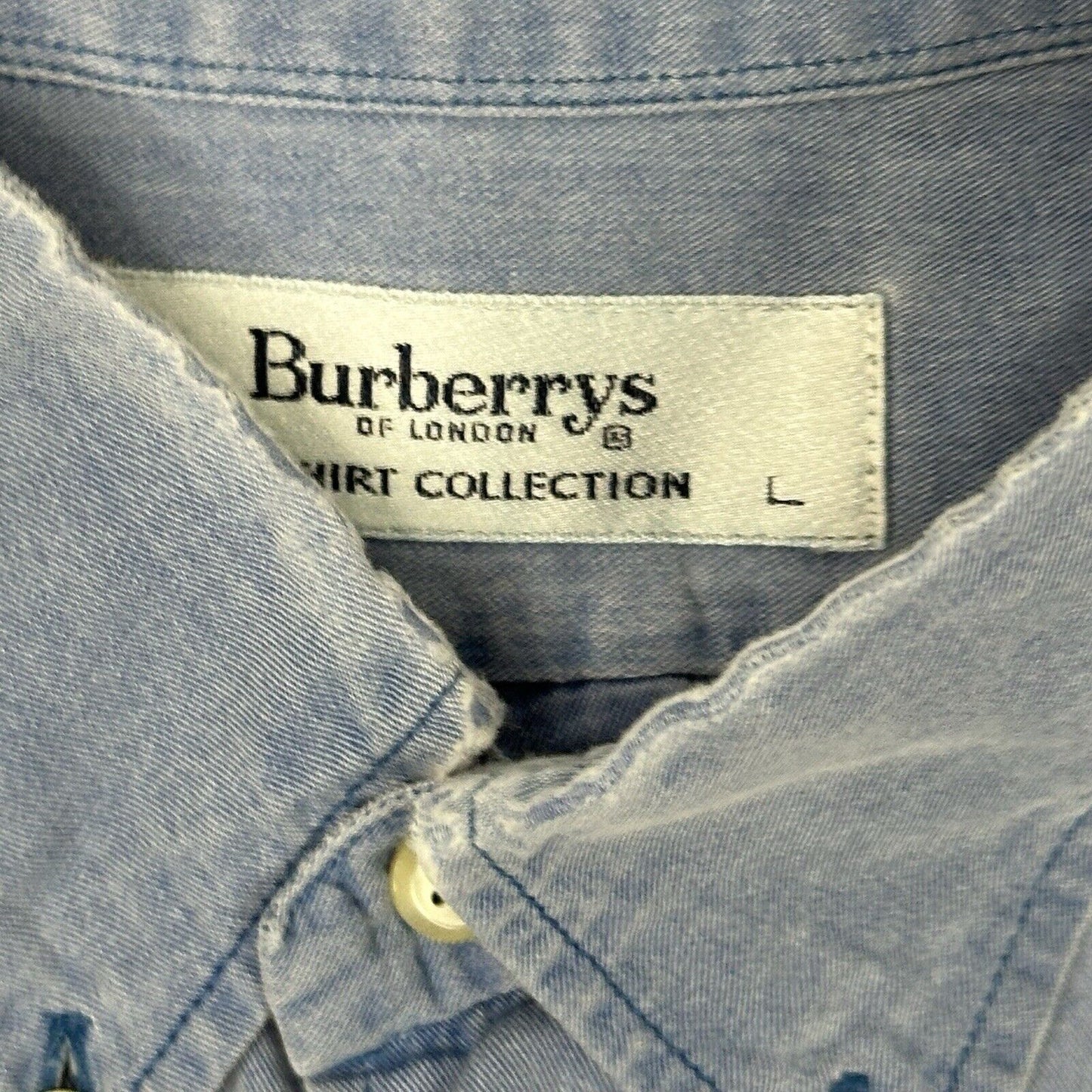 Vintage Burberry Denim Shirt Mens Large Blue Embroidered Knight Made In UK