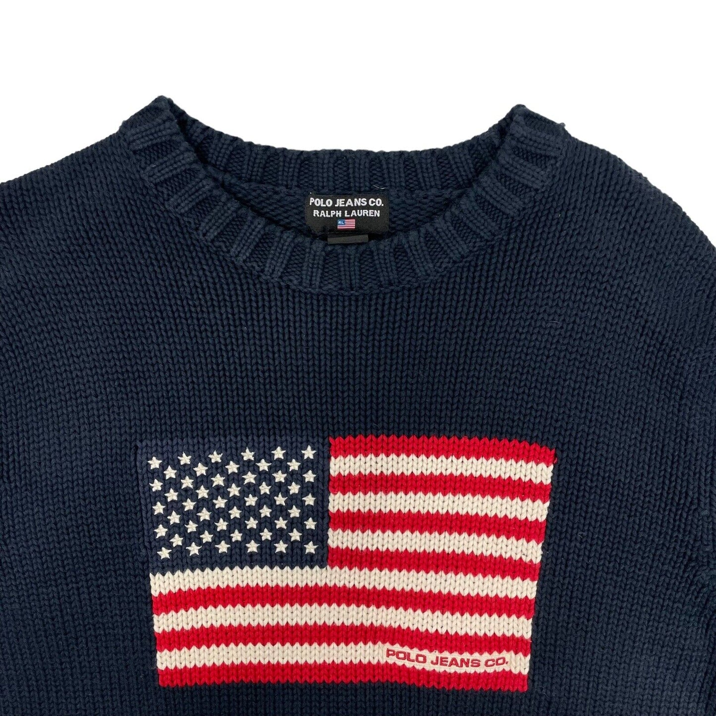 Vintage Polo Ralph Lauren Knit Flag Jumper Navy Blue Mens Medium Rare Variant