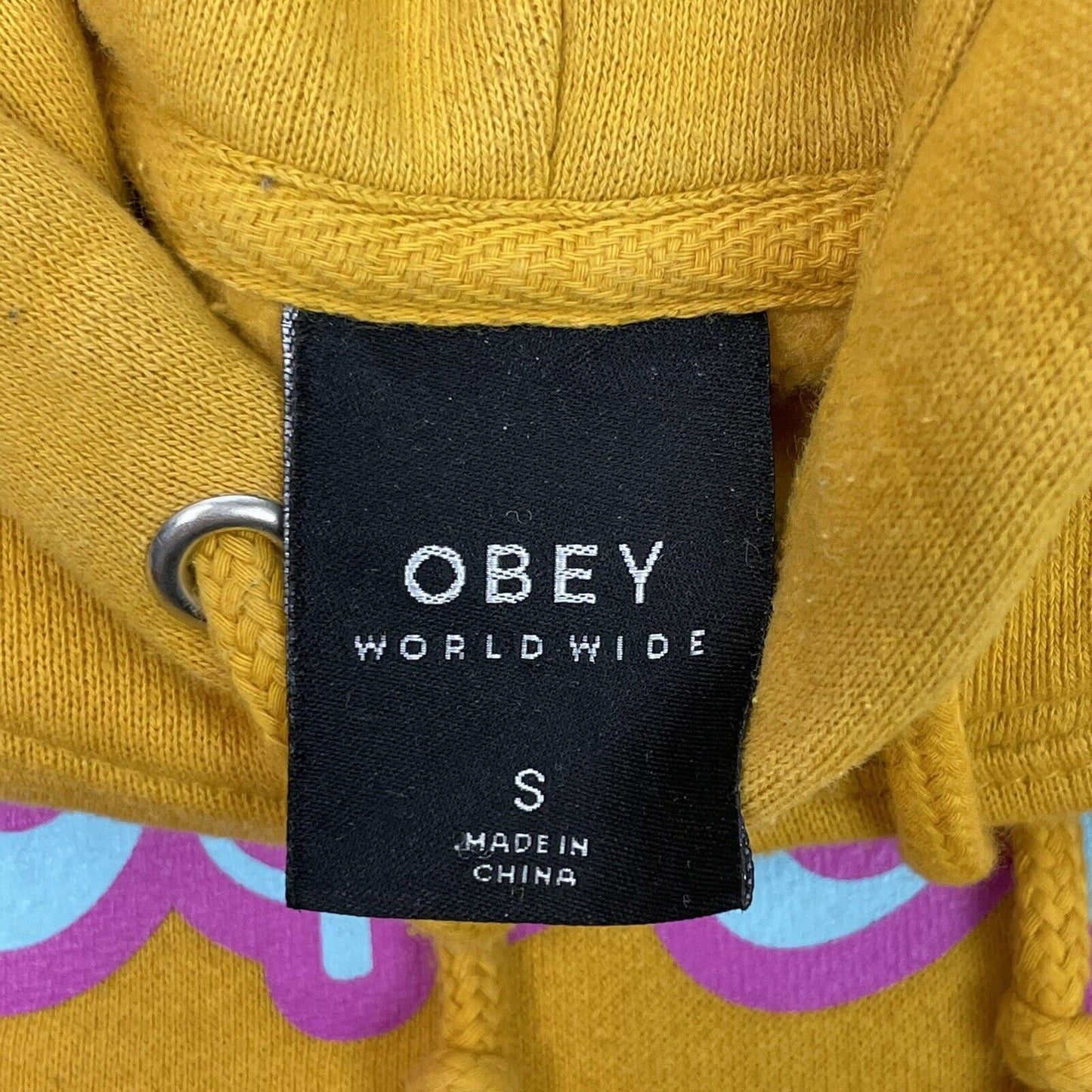 Obey Logo Hoodie Yellow Mens Small