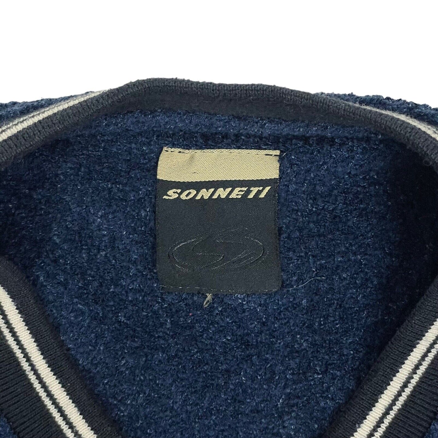 Vintage Sonneti Pull Over V-Neck Pile Jumper Embroidered Navy Blue Mens Large