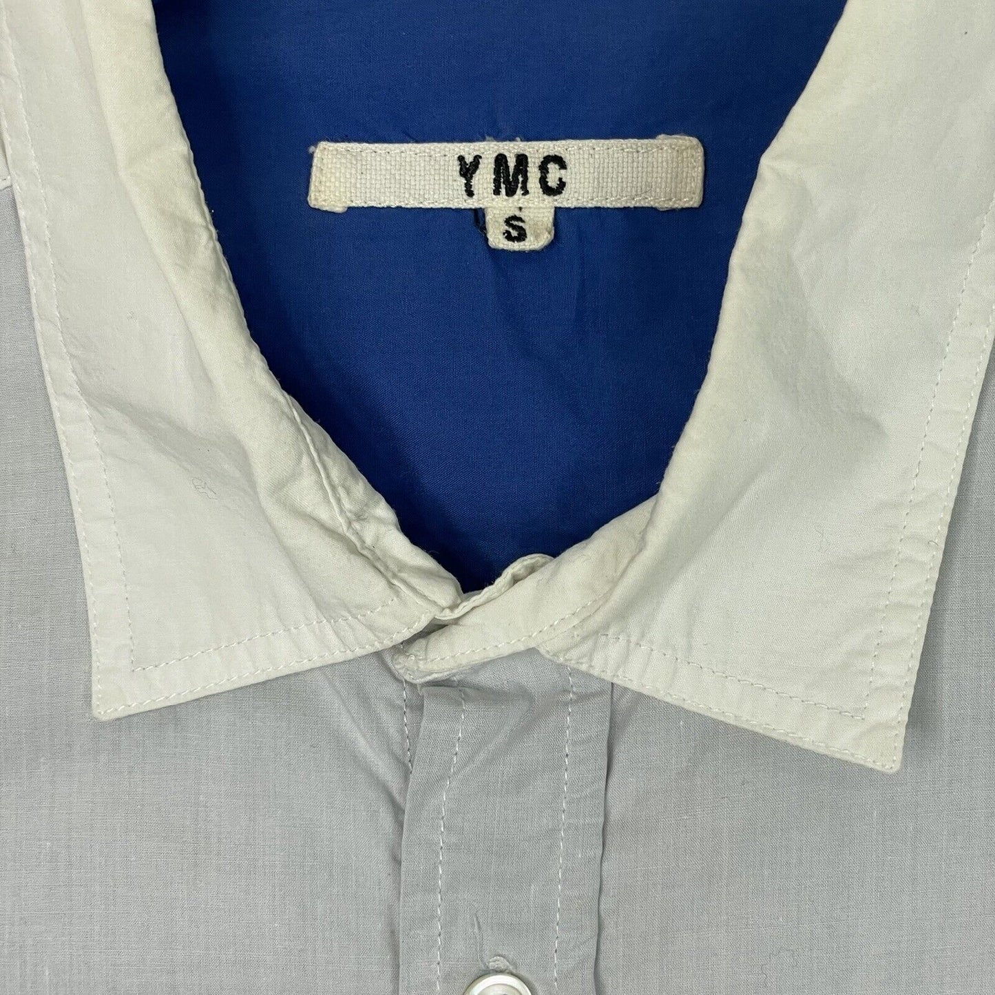 YMC Short Sleeve Shirt Mens Small White And Blue Button Up Made In Portugal