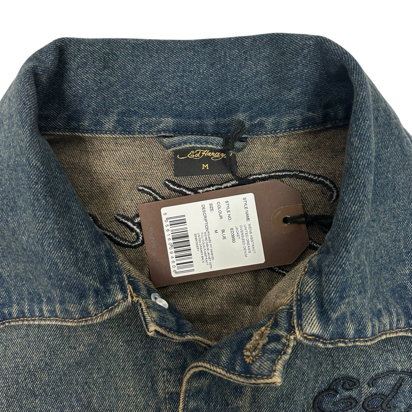NWT Ed hardy Denim Jacket Men’s Medium Embroidered United Dreams Oversized Blue