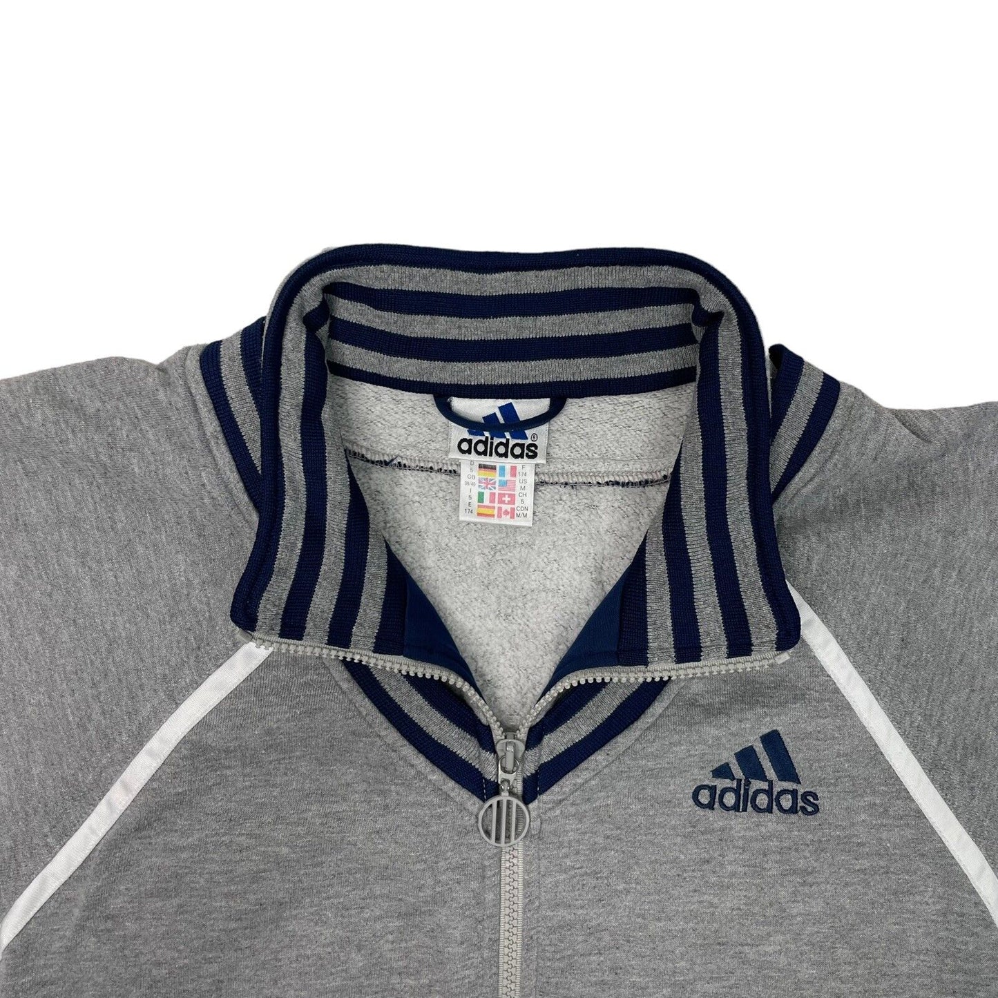 Vintage Adidas Sweater Men's Medium Grey And Navy Blue 90’s Three Stripes