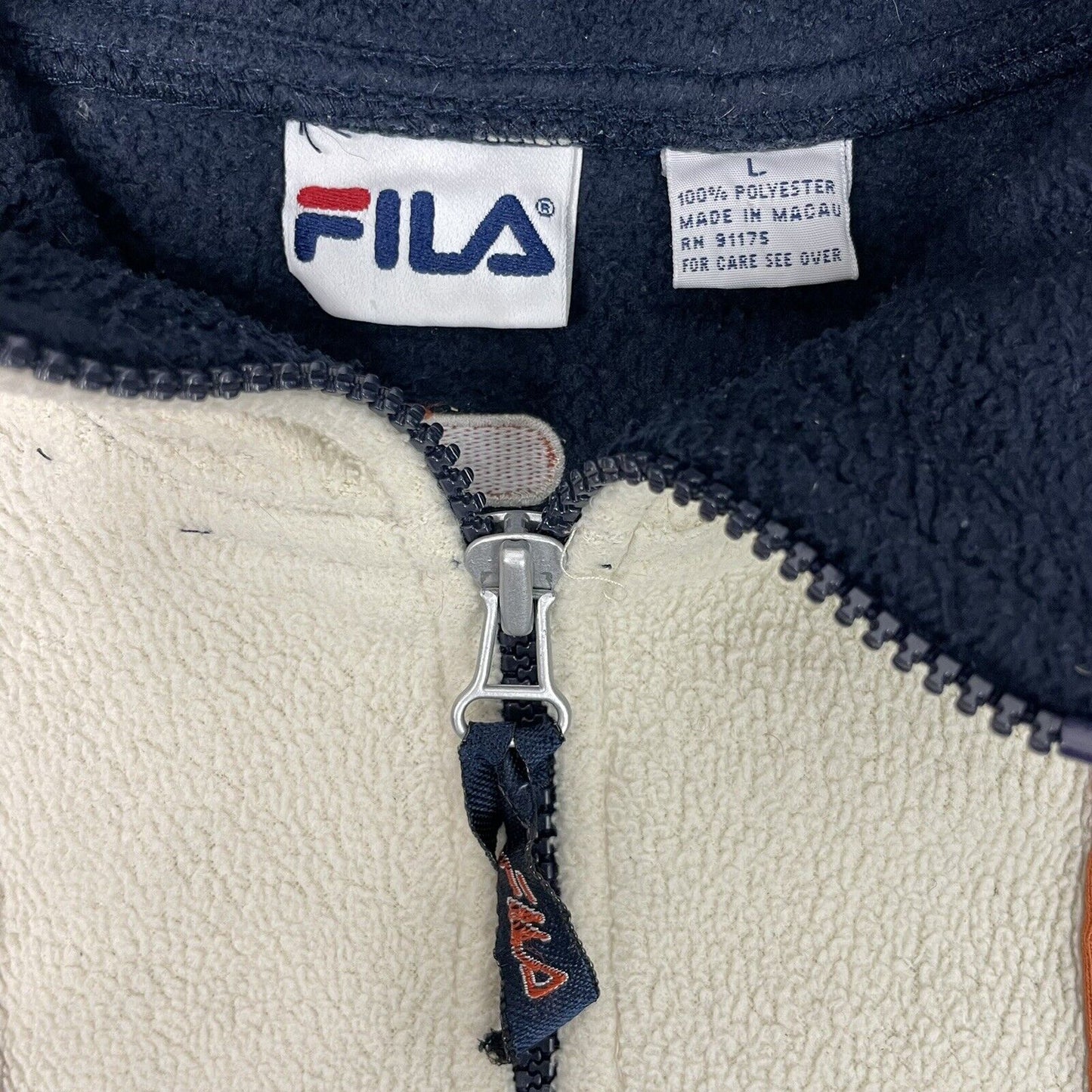 Vintage Fila Fleece Mens Large Navy Blue And Cream Embroidered Branding 90’s