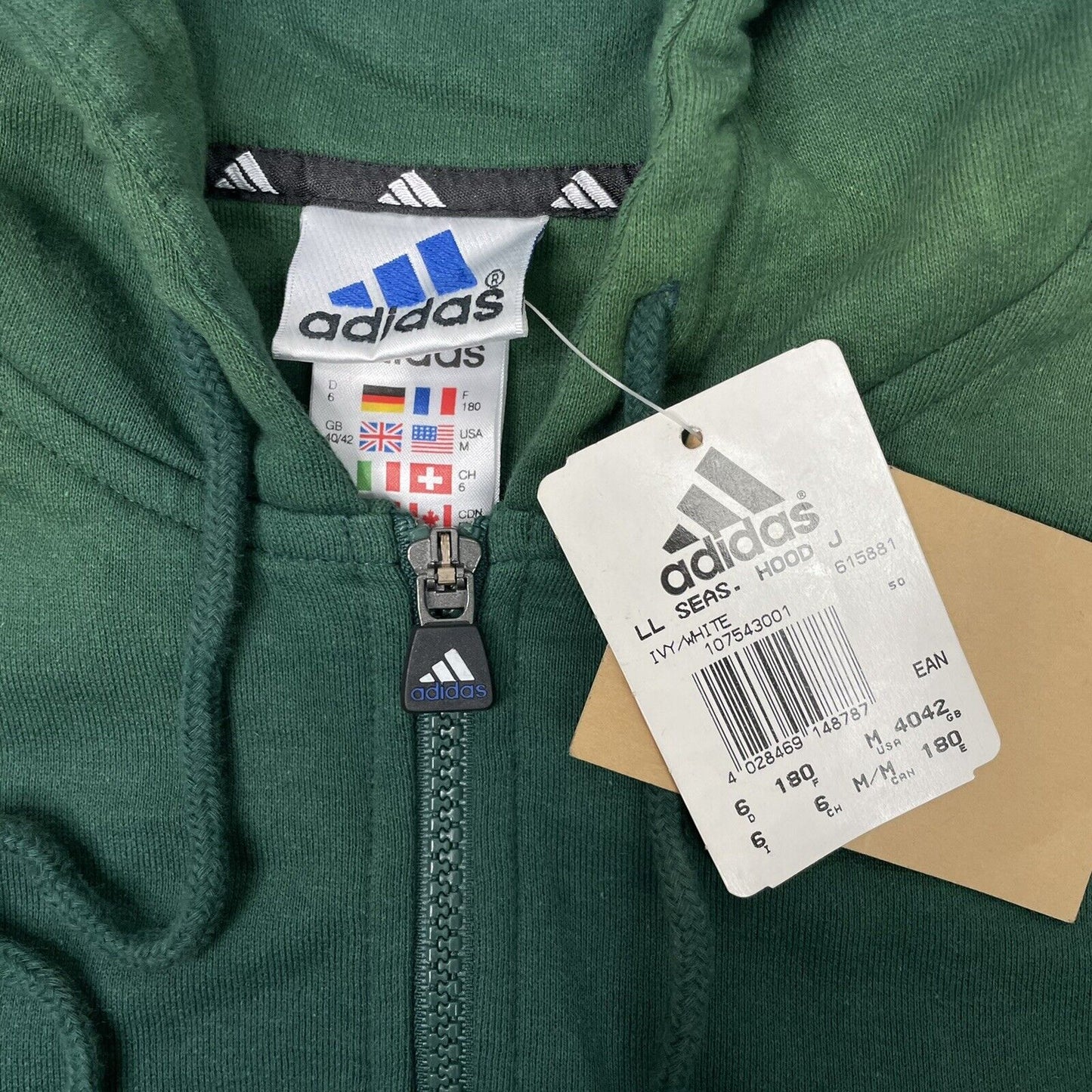 NWT Vintage Adidas Green Hoodie Men's Medium 90’s Three Stripes Embroidered