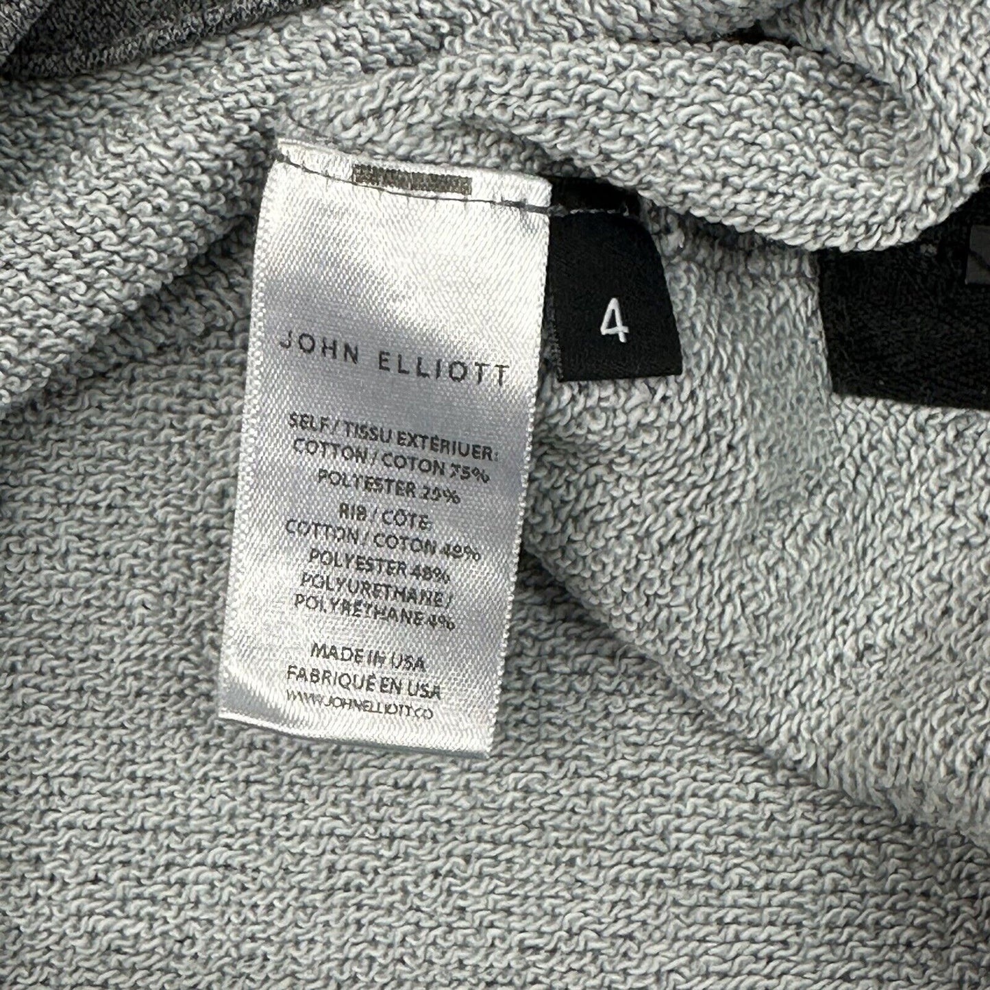 John Elliot Long Line Hoodie Pull Over Mens Size 4 XL Grey Made In USA Riri Zip