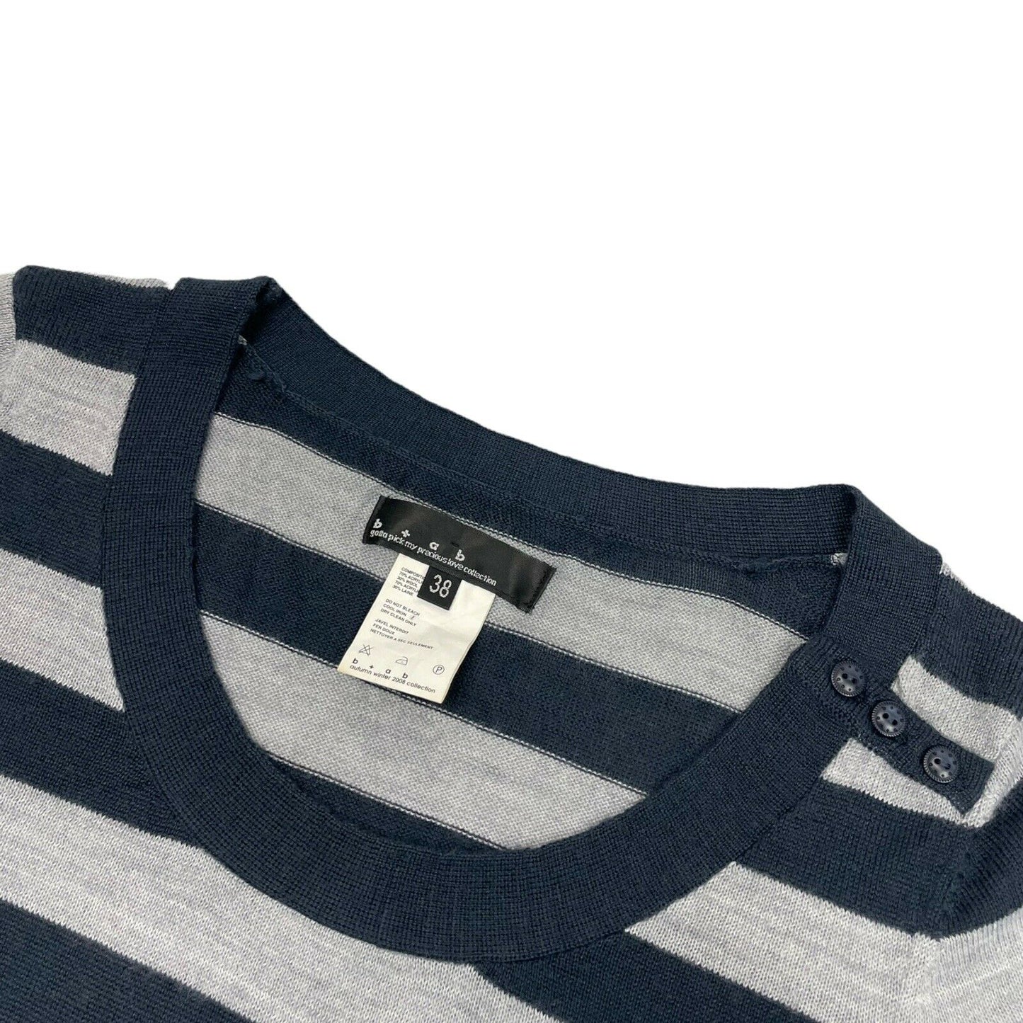 AW08 bplusab Stripe Jumper Womens Small Wool Grey And Navy Blue b + a b