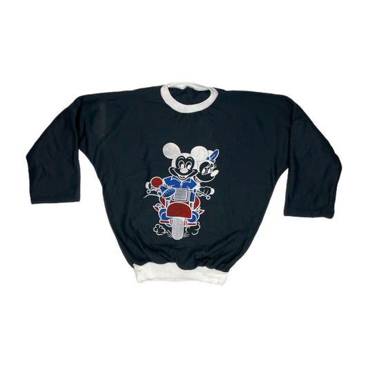 Vintage Mickey Mouse Disney Jumper Cropped Navy Blue Quarter Sleeve Large