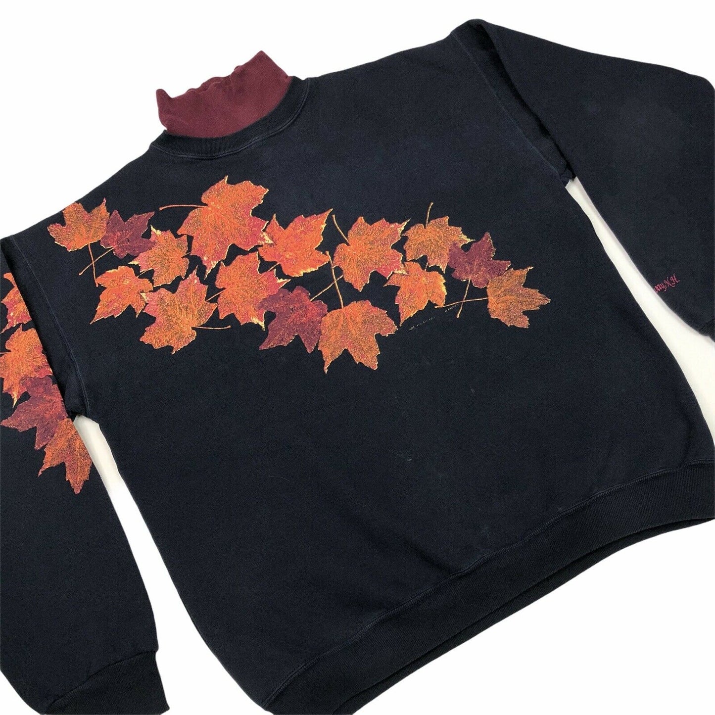 Vintage Autumnal Navy Blue Jumper With Leaves Mens Medium