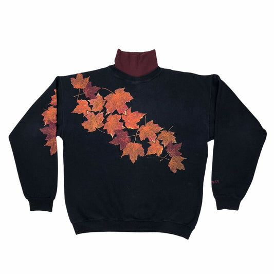 Vintage Autumnal Navy Blue Jumper With Leaves Mens Medium