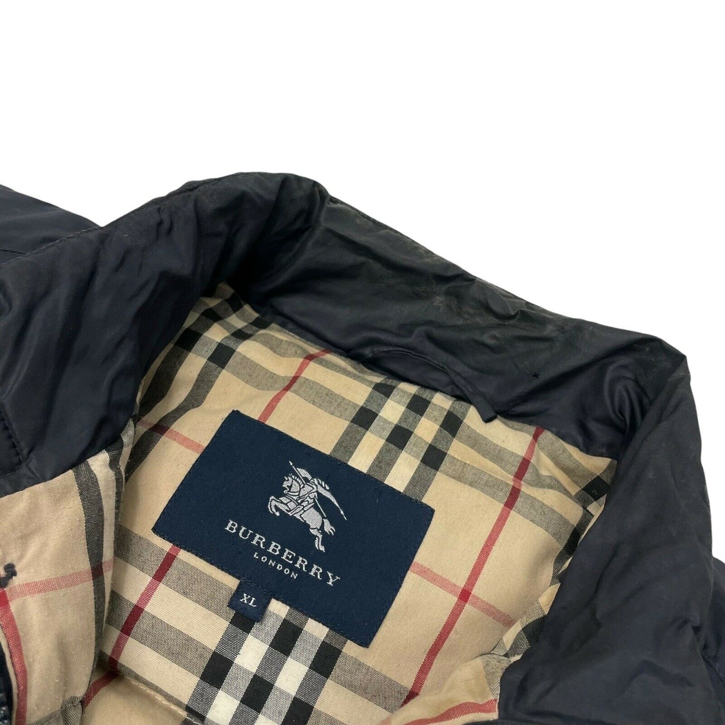 Vintage Burberry Puffer Coat XL Dark Navy Blue Novacheck Lining 00’s Down Filled