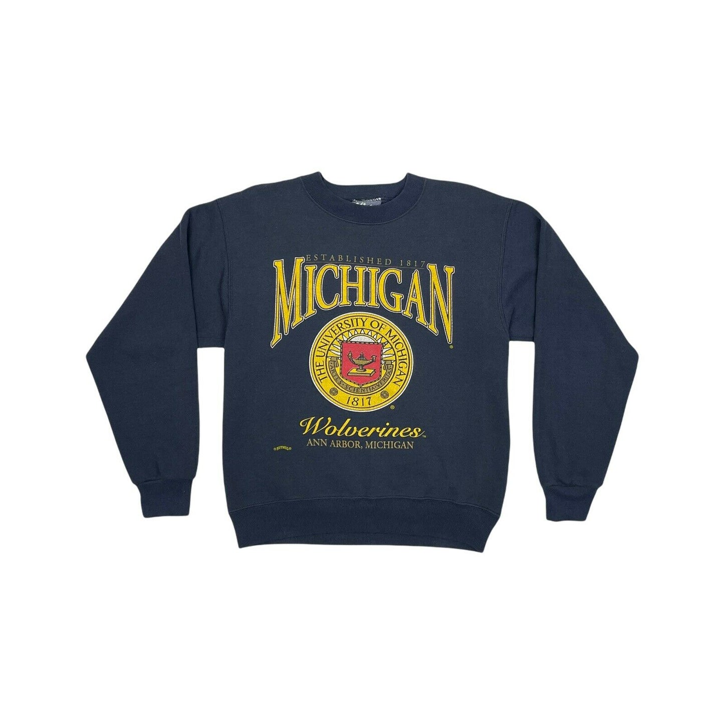 Vintage Michigan Wolerines Jumper Crew Neck Navy Blue Mens Made In USA Lee Jeans