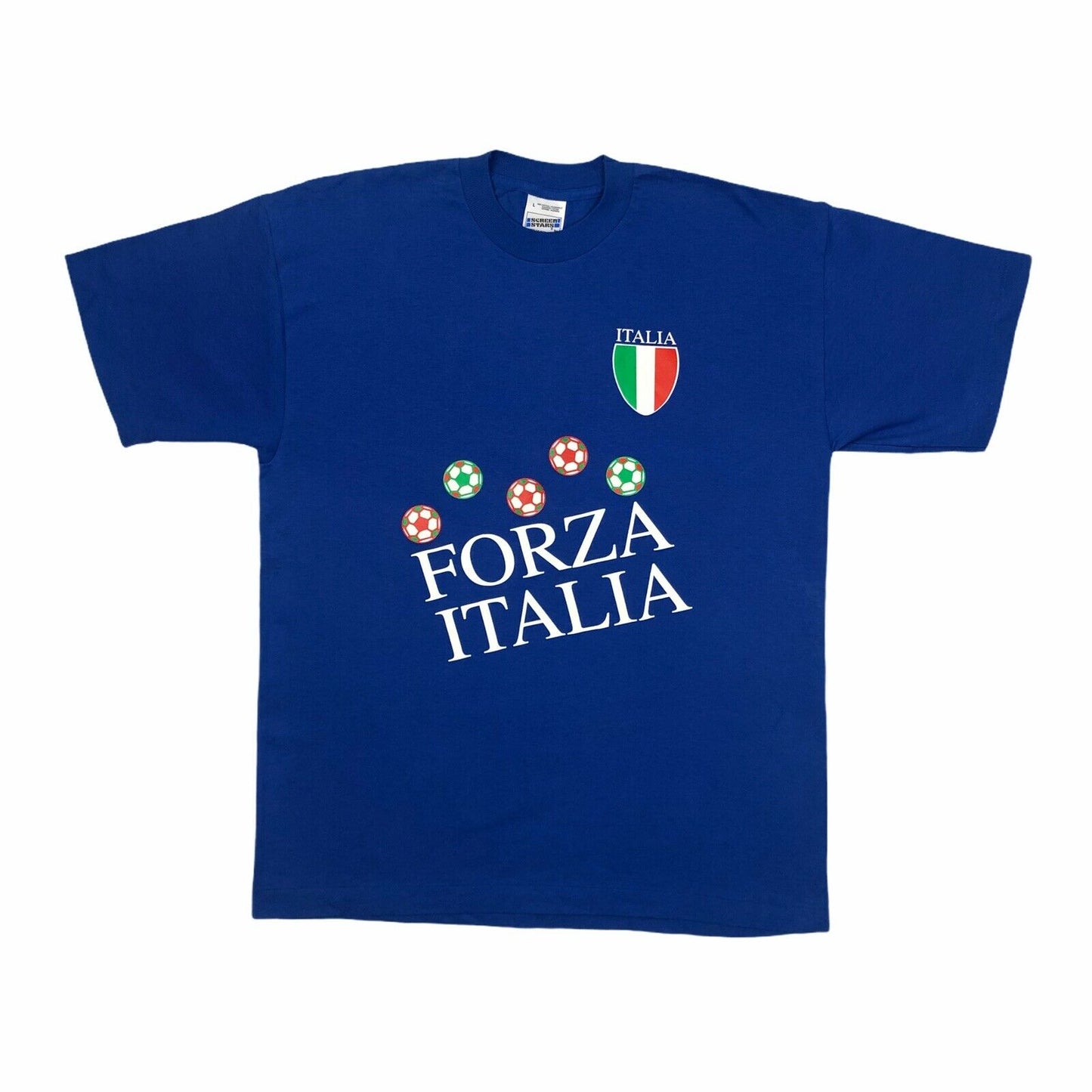 Vintage Italy Football T-Shirt Screen Stars Mens Large Blue Forza Italia