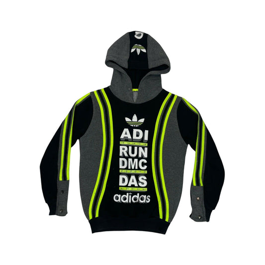 90’s RUN DMC Adidas Style Hoodie Graphic Print Mens XS Black And Grey