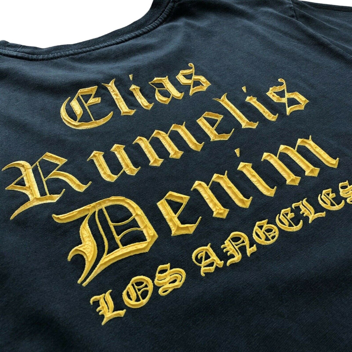 Elias Rumelis T-Shirt Men’s Medium Navy Blue With Raised Yellow Print