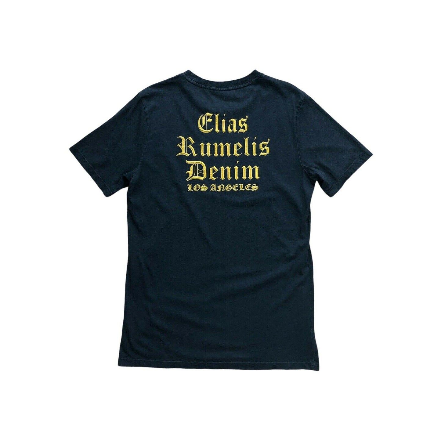 Elias Rumelis T-Shirt Men’s Medium Navy Blue With Raised Yellow Print