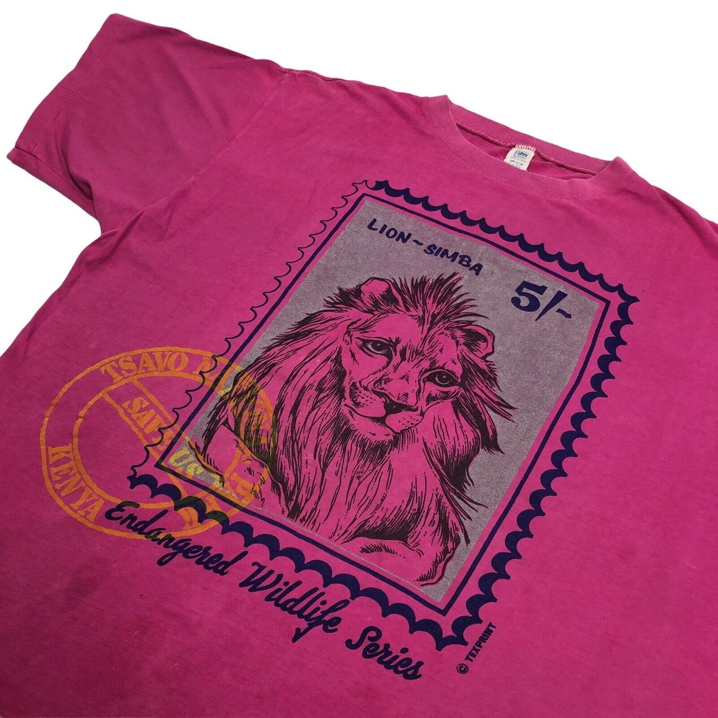 Vintage 90’s Kenya Tsavo National Park T-Shirt Pink Mens Large Lion Print Simba