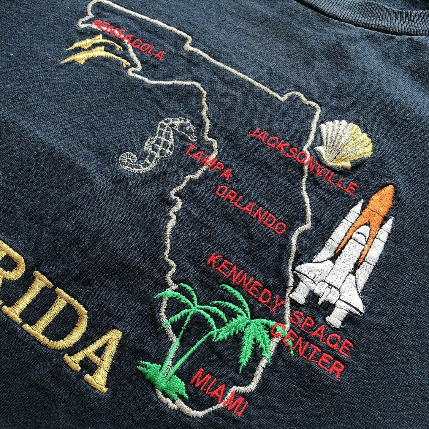 Vintage Florida Navy T-Shirt Mens Medium With Embroidered Details