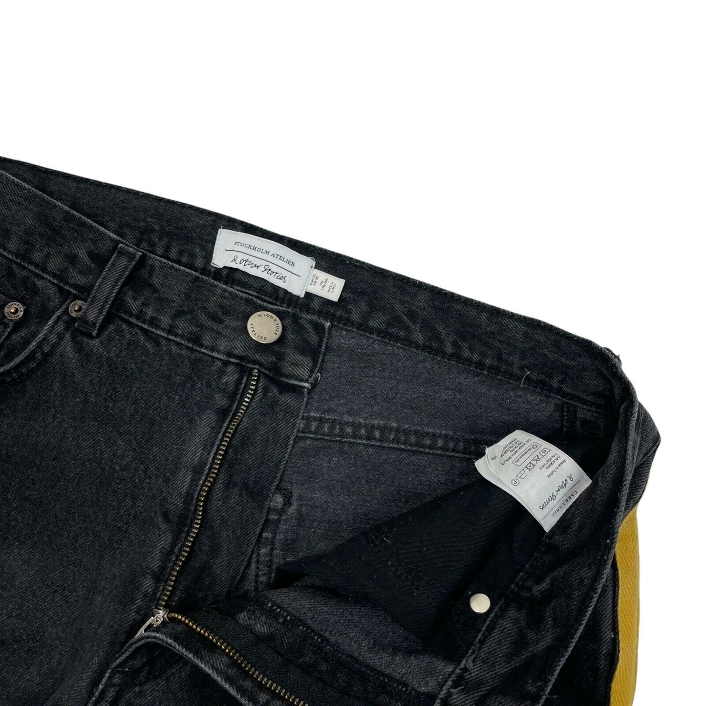 & Other Stories Straight Leg Jeans Dark Grey 30w 28l With Yellow Taping Detail